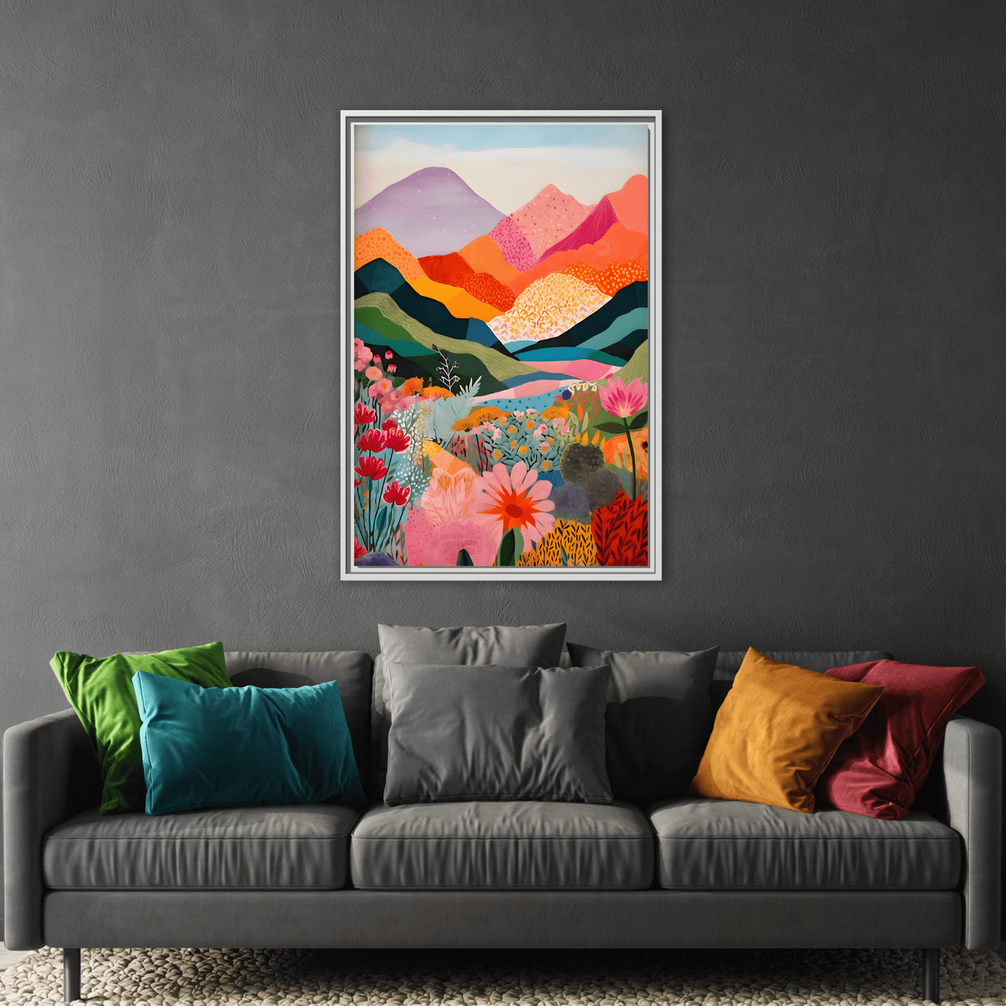 Abstract Mountain Artwork Canvas Wall Art – Colorful Floral Illustration Print