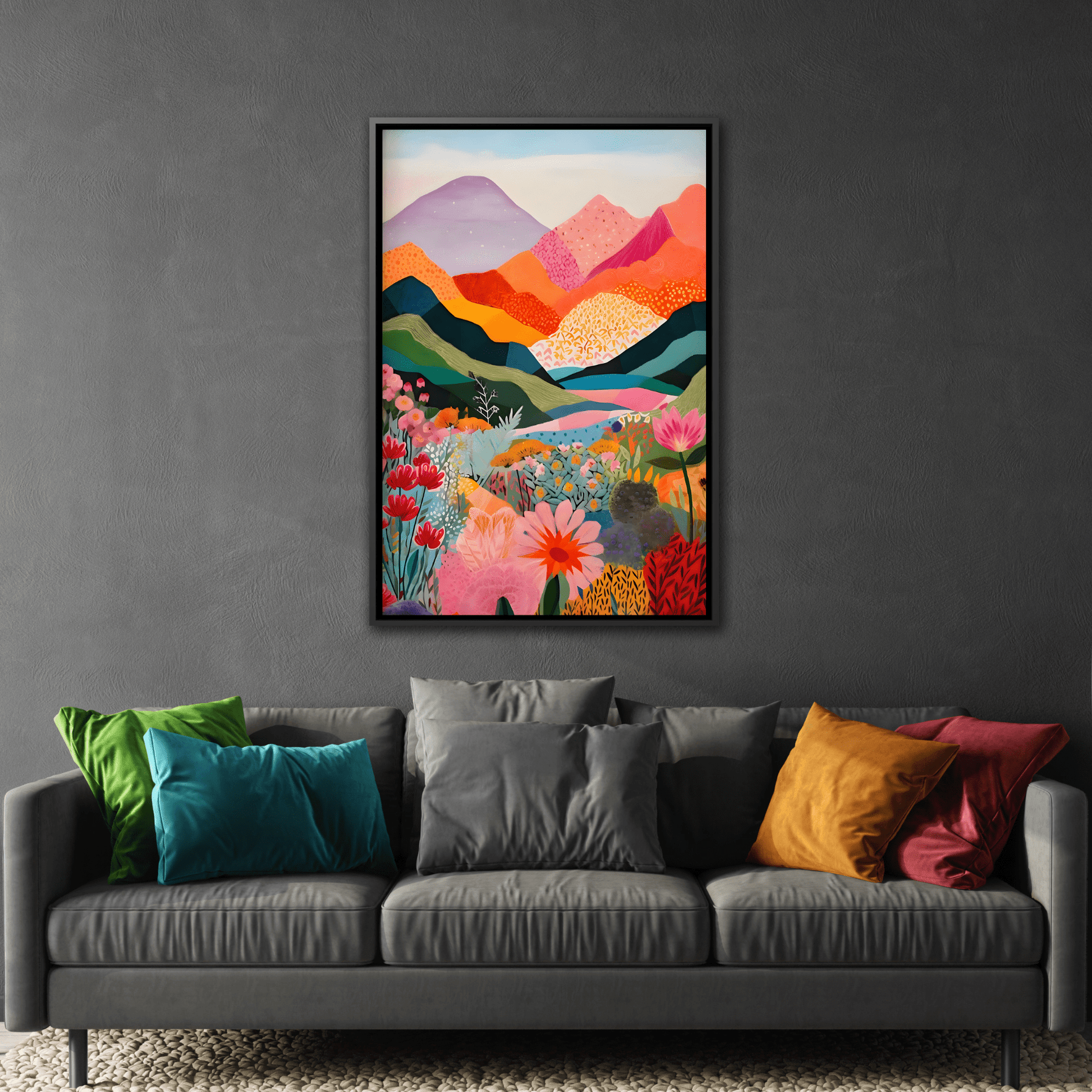 Abstract Mountain Artwork Canvas Wall Art – Colorful Floral Illustration Print