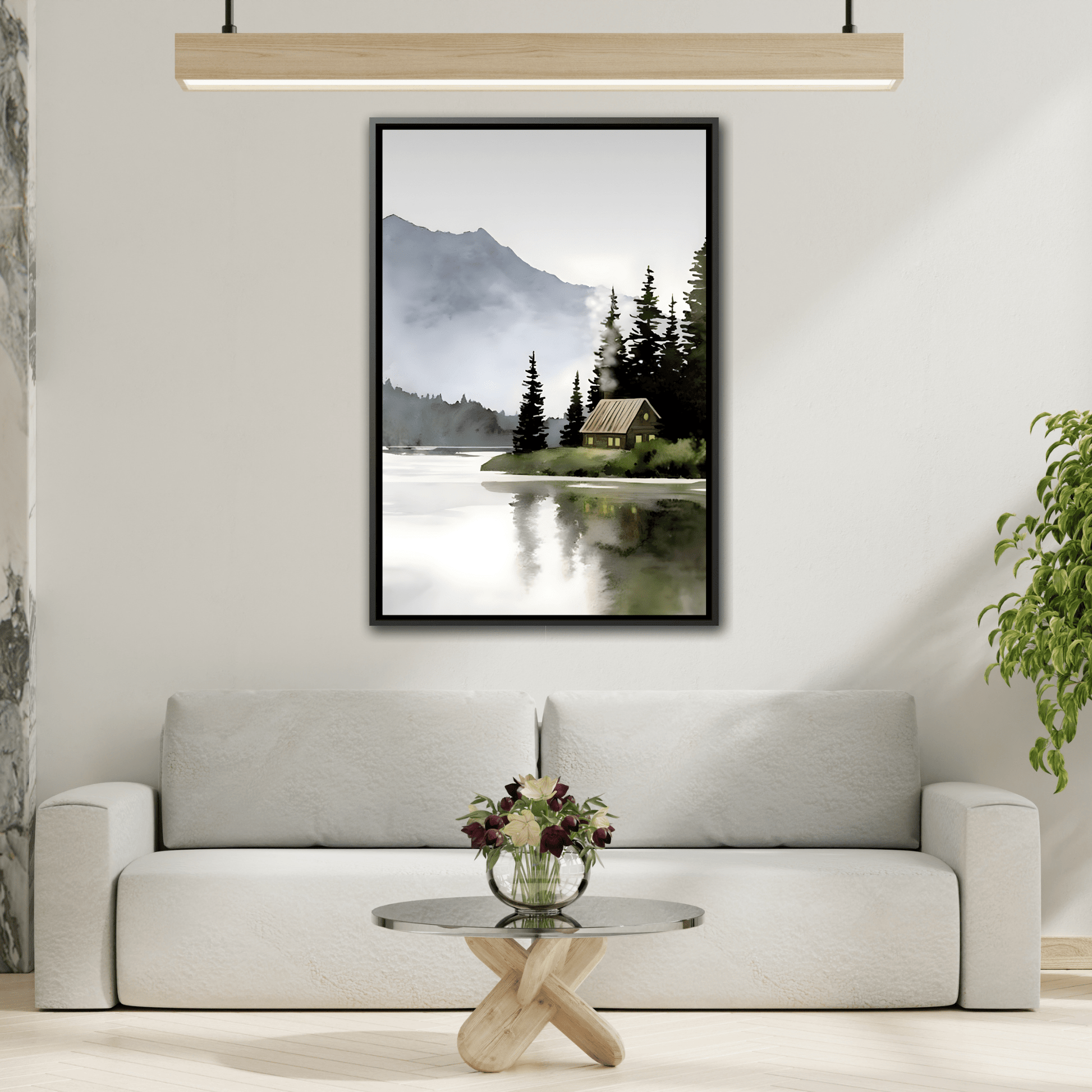 Abstract Mountain Lake Landscape Canvas Print - Cozy Cabin in Nature