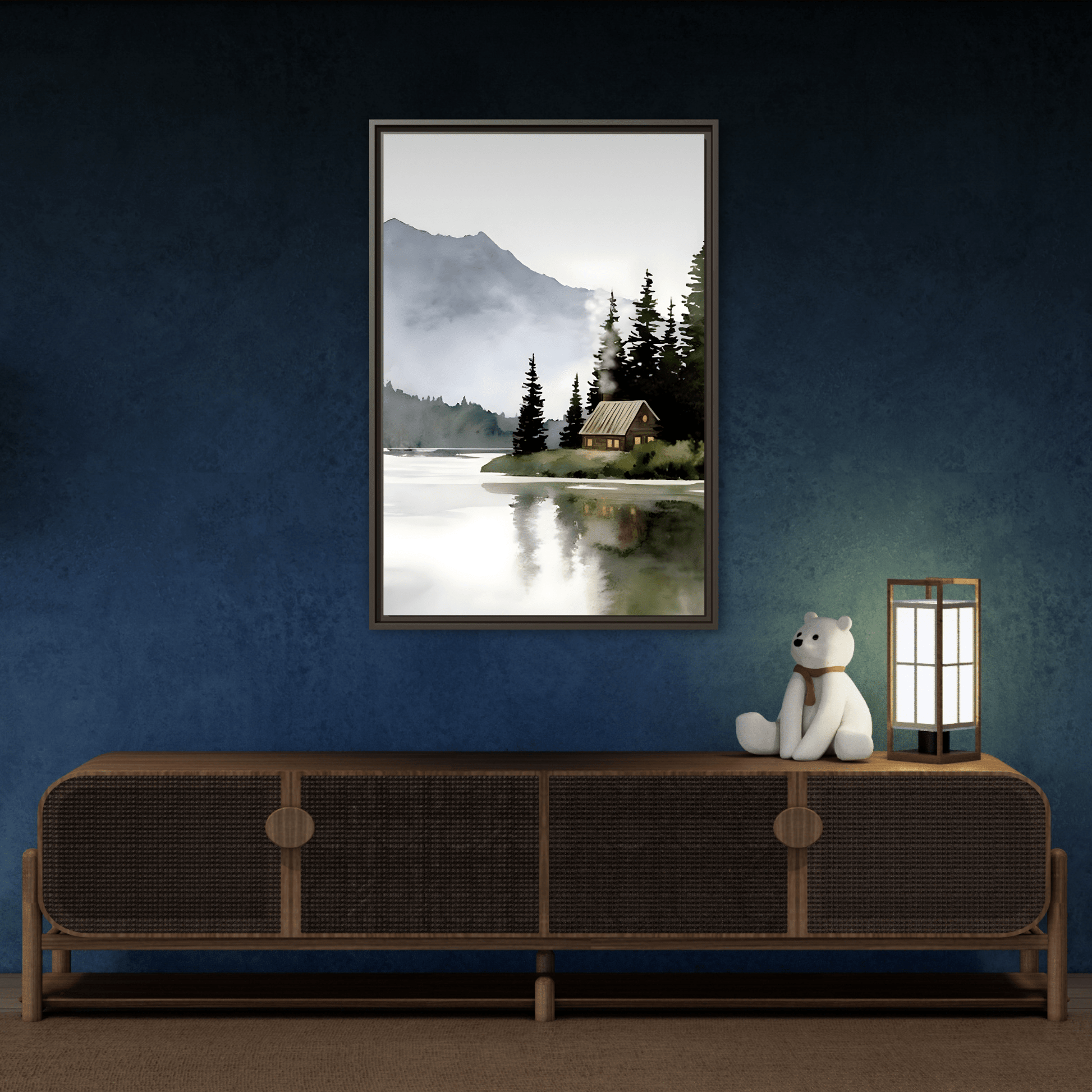 Abstract Mountain Lake Landscape Canvas Print - Cozy Cabin in Nature
