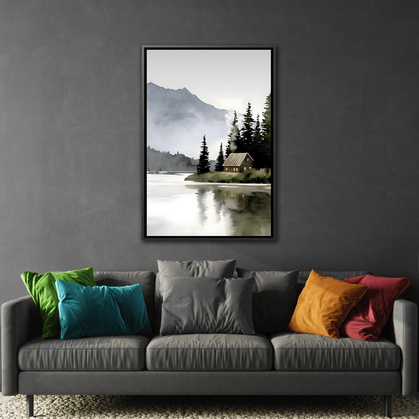 Abstract Mountain Lake Landscape Canvas Print - Cozy Cabin in Nature