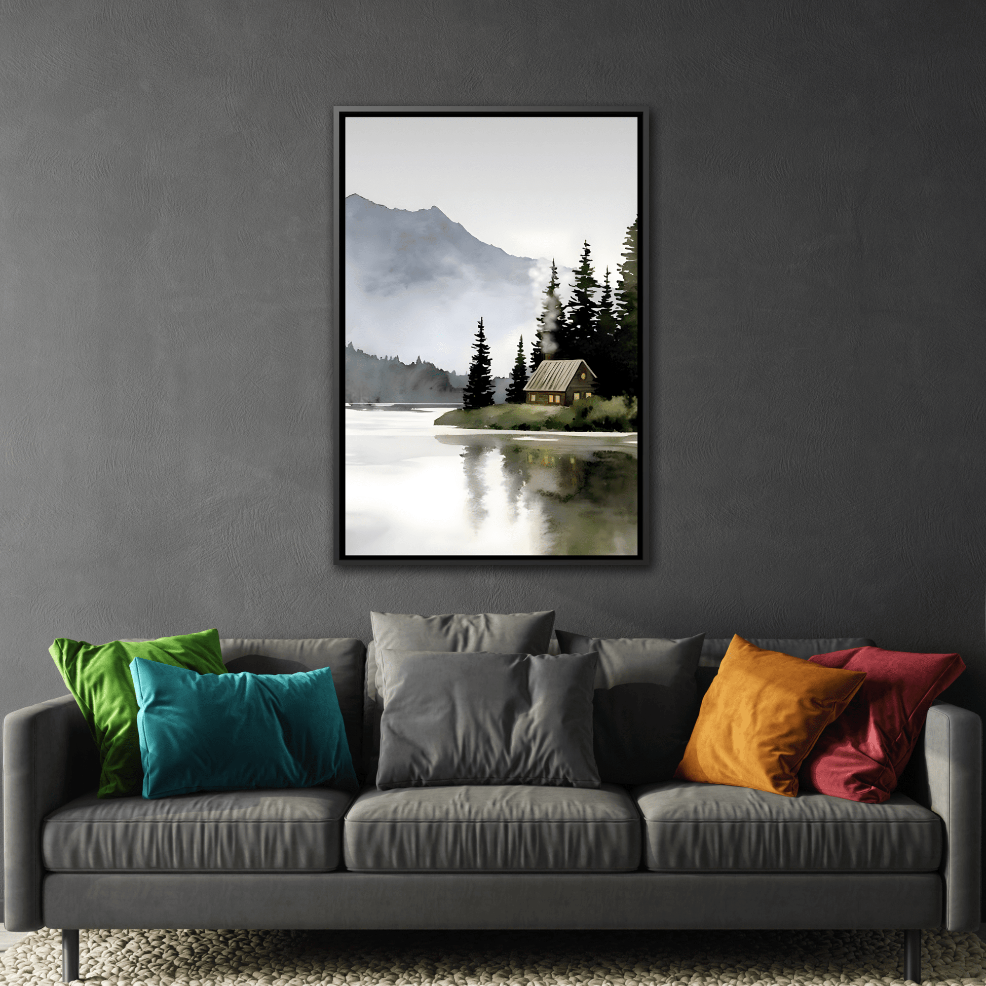 Abstract Mountain Lake Landscape Canvas Print - Cozy Cabin in Nature
