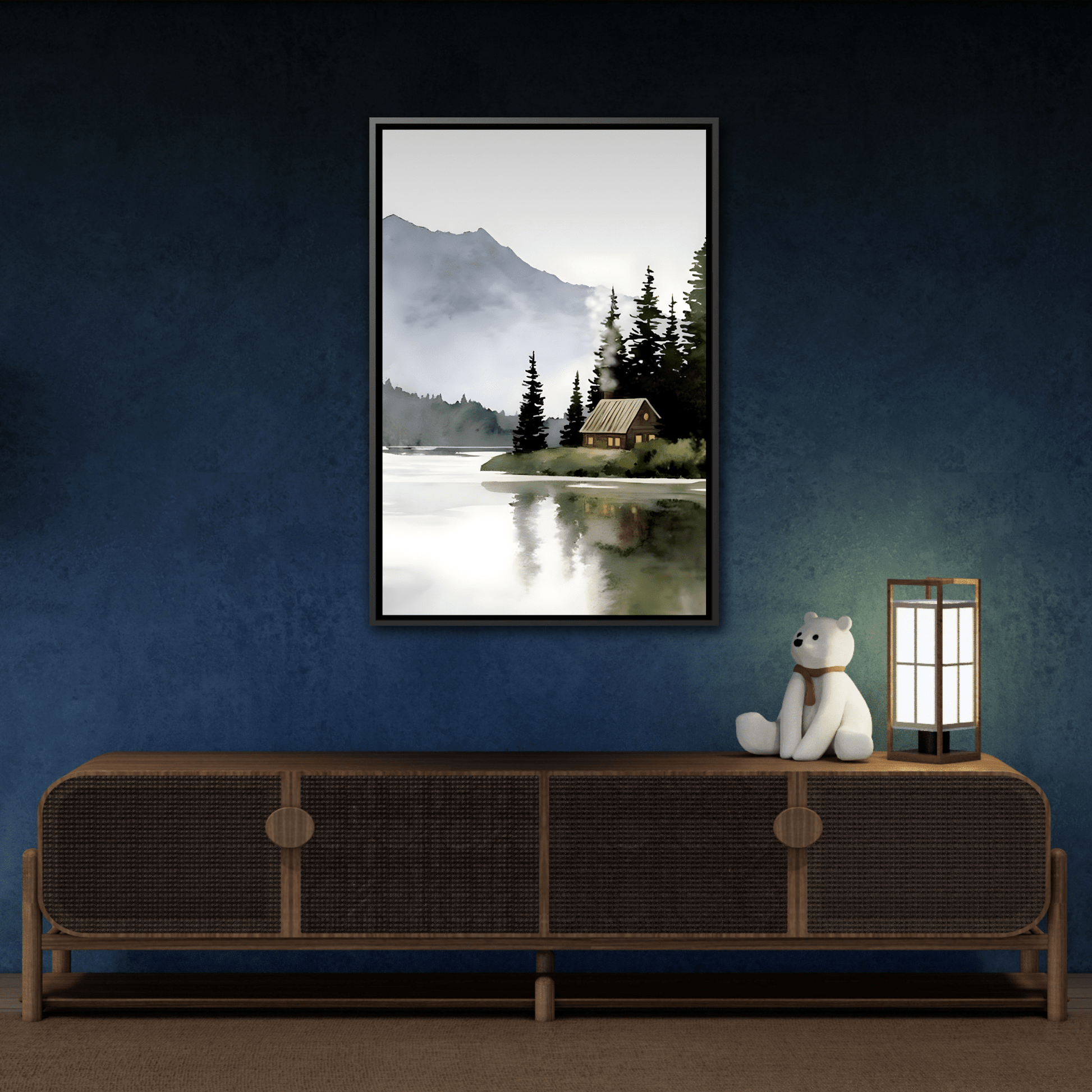 Abstract Mountain Lake Landscape Canvas Print - Cozy Cabin in Nature
