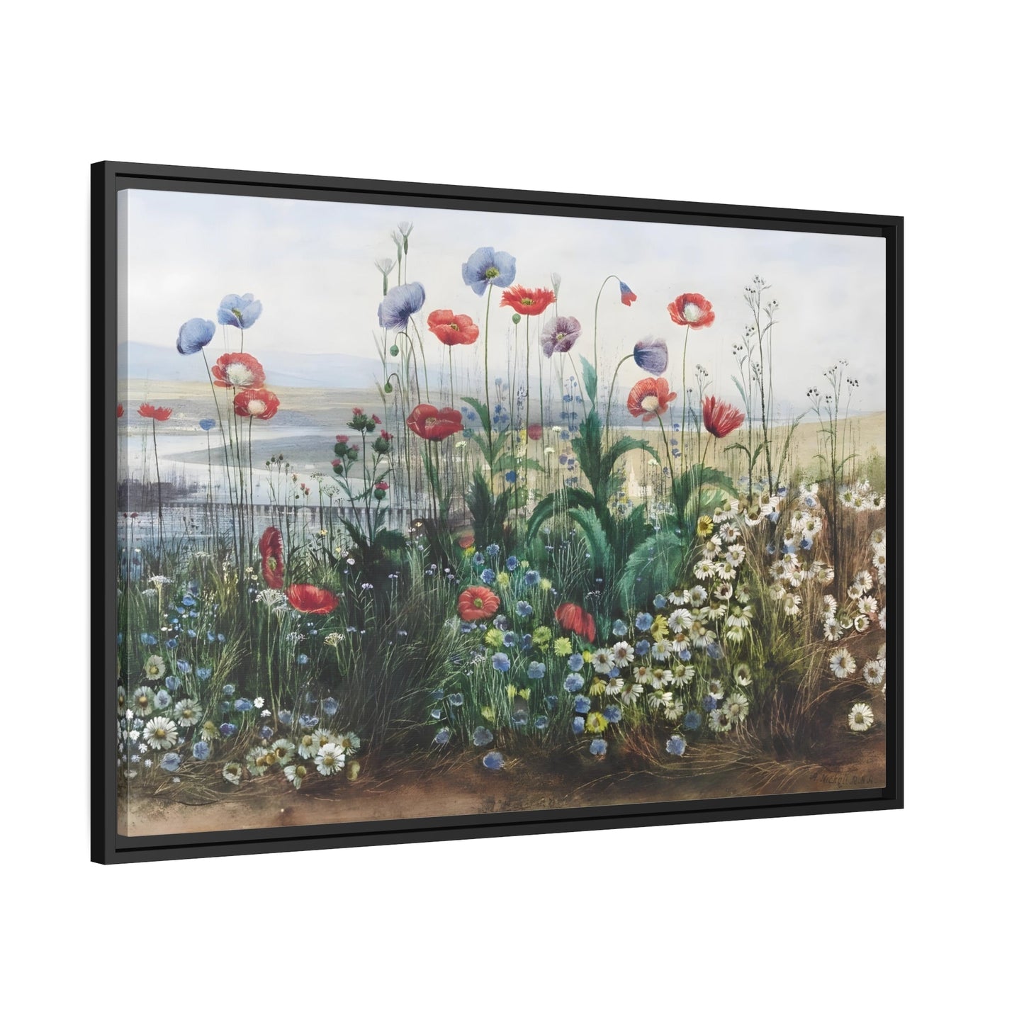 Andrew Nicholl Flowers with a River Landscape - Framed Wildflowers Canvas Wall Art Print in Black Pinewood Frame