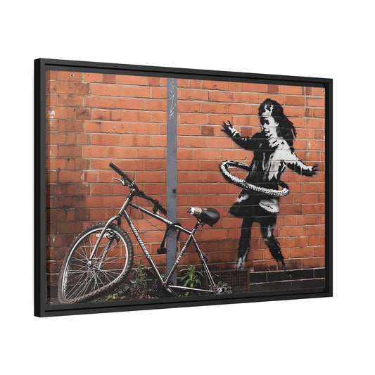 Banksy Hula Hooping Girl with Bike - Framed Canvas Wall Art Print in Black Frame