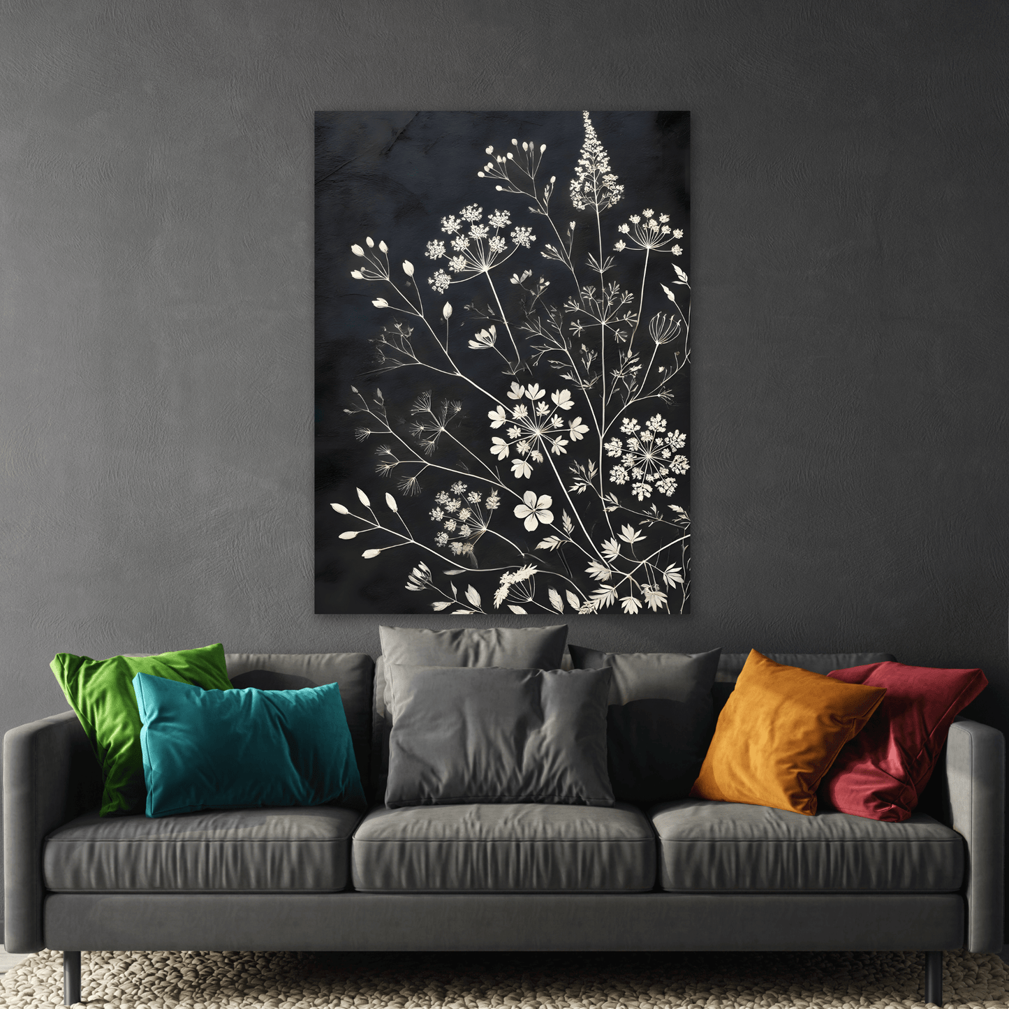 Black Floral Minimalist Canvas Art Print - Wildflower Botanical Elegant Decor