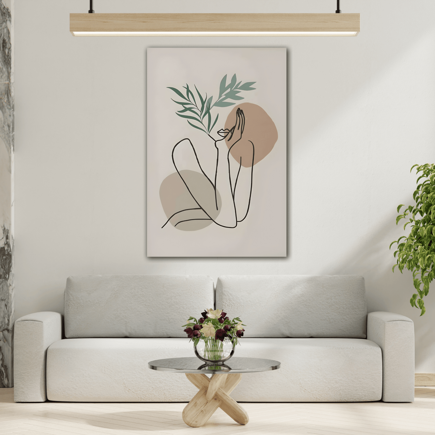 Boho Woman Line Floral Simple Beige Green Canvas Wall Art Print