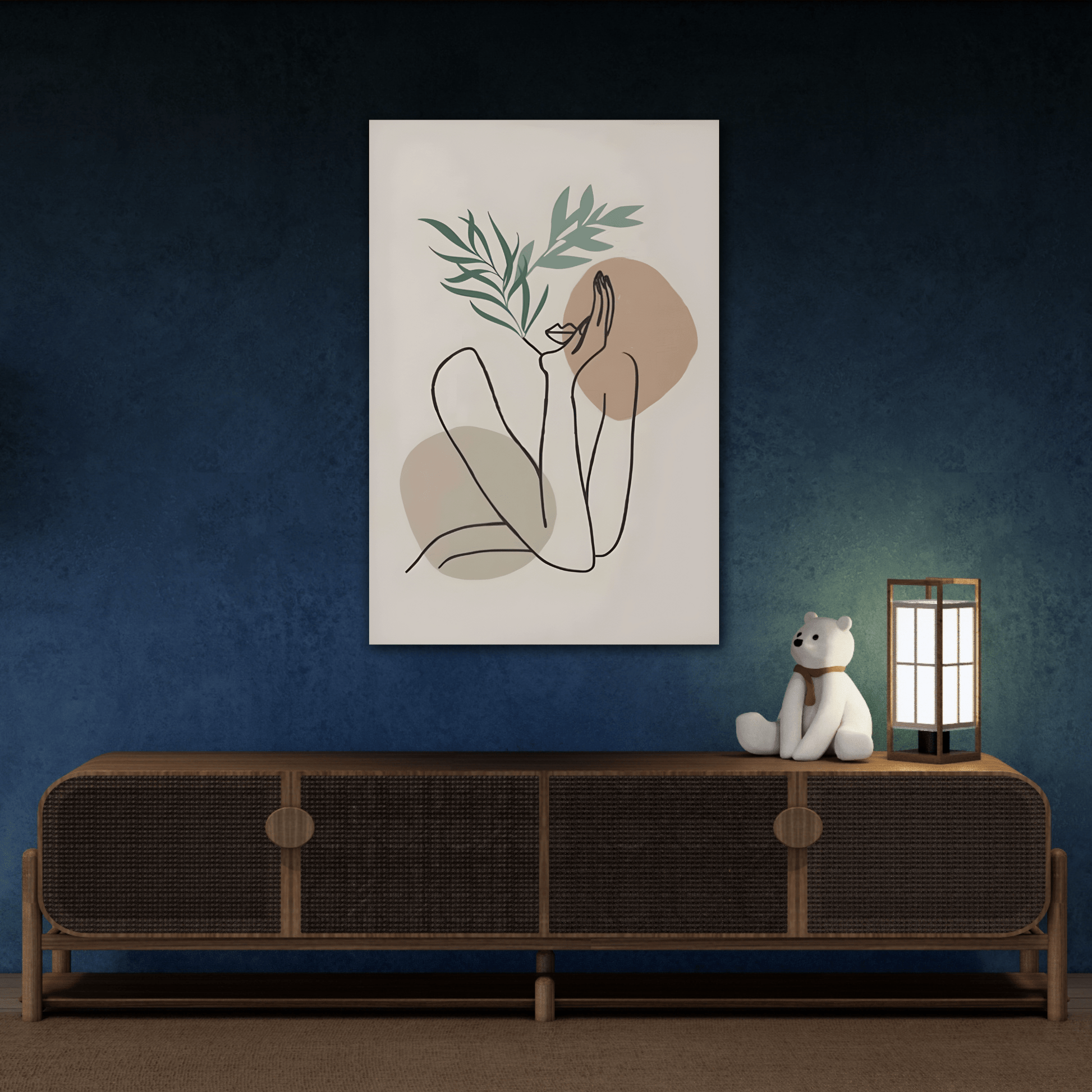 Boho Woman Line Floral Simple Beige Green Canvas Wall Art Print
