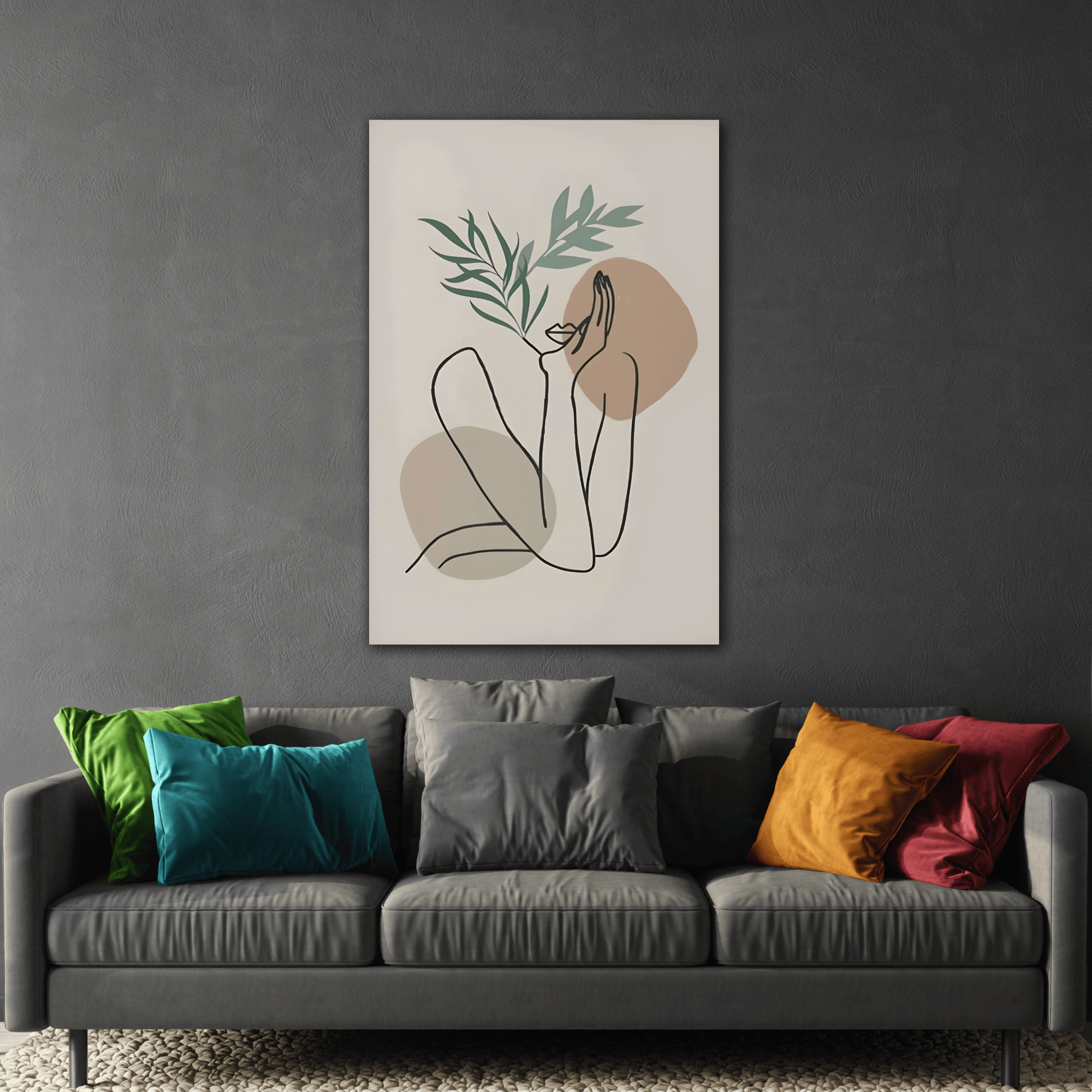 Boho Woman Line Floral Simple Beige Green Canvas Wall Art Print