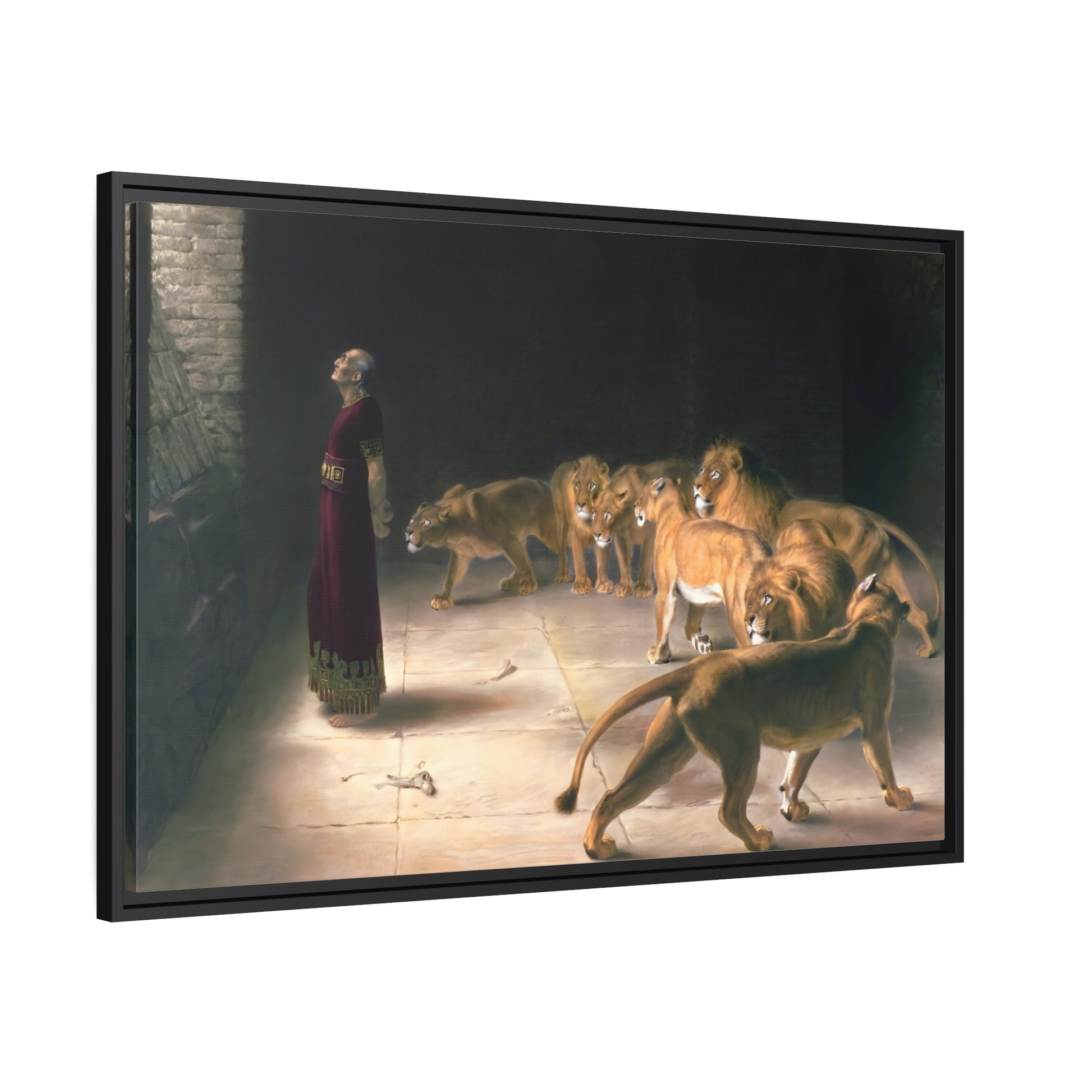 Briton Riviere Daniel Answer to the King - Framed Bible Canvas Wall Art Print in Black Pinewood Frame