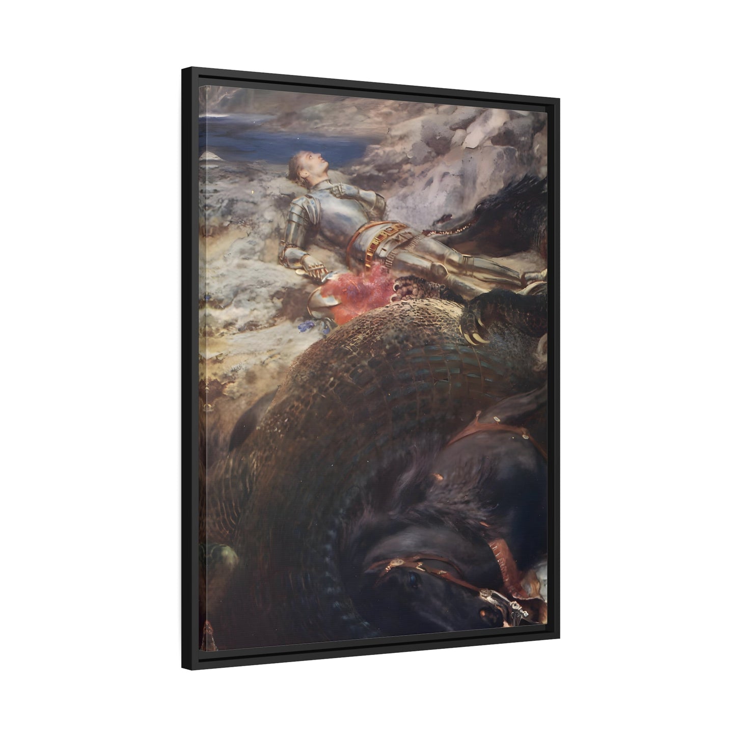 Briton Riviere George and the Dragon - Framed Canvas Wall Art Painting Print in Black Frame