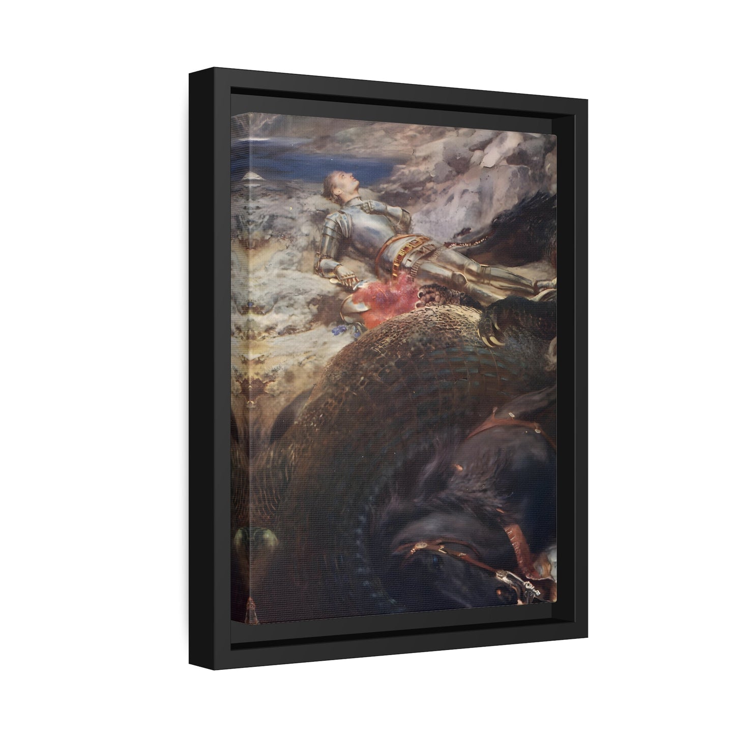 Briton Riviere George and the Dragon - Framed Canvas Wall Art Painting Print in Black Frame