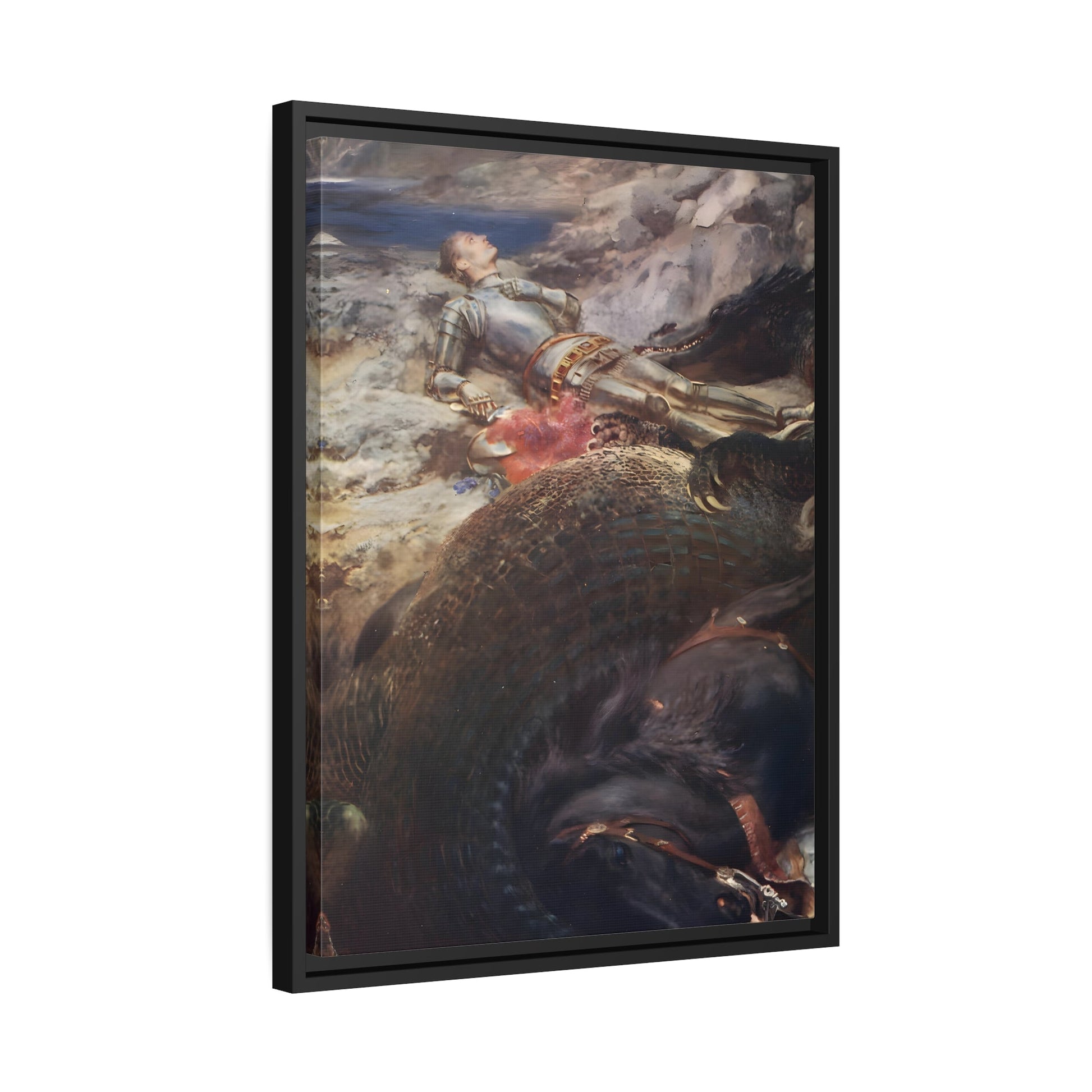 Briton Riviere George and the Dragon - Framed Canvas Wall Art Painting Print in Black Frame