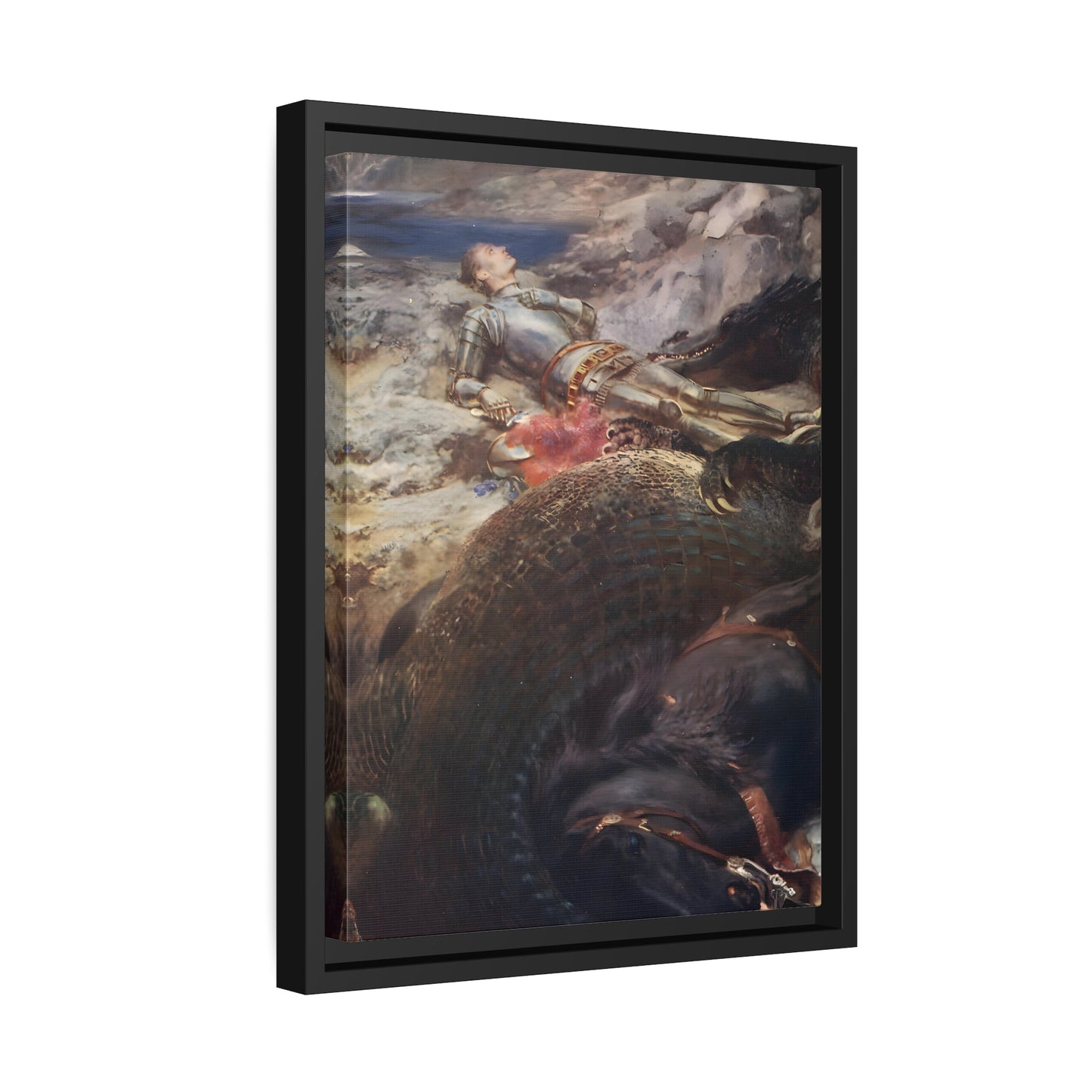 Briton Riviere George and the Dragon - Framed Canvas Wall Art Painting Print in Black Frame