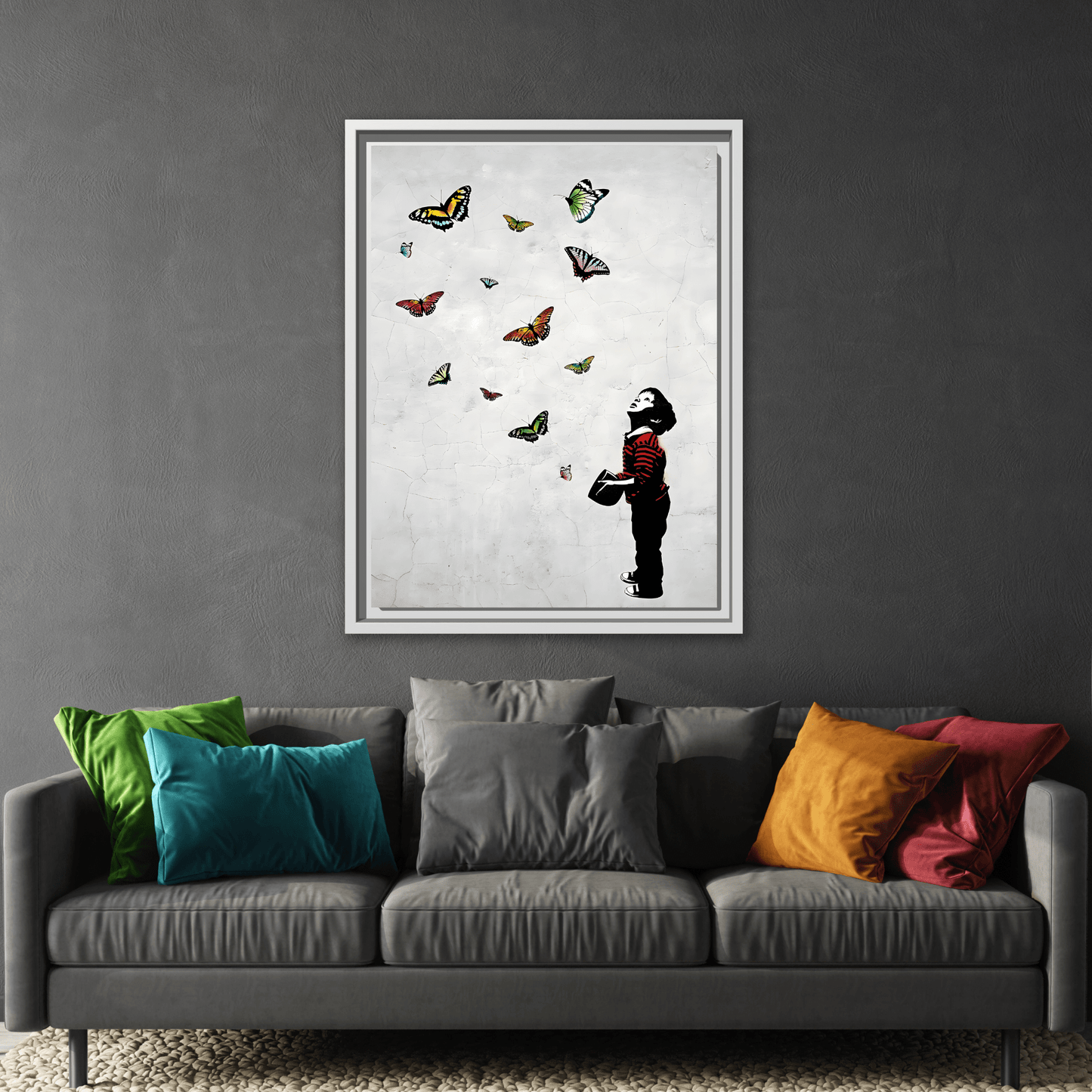 Butterfly Banksy Boy Canvas Vintage Framed Wall Art Prints
