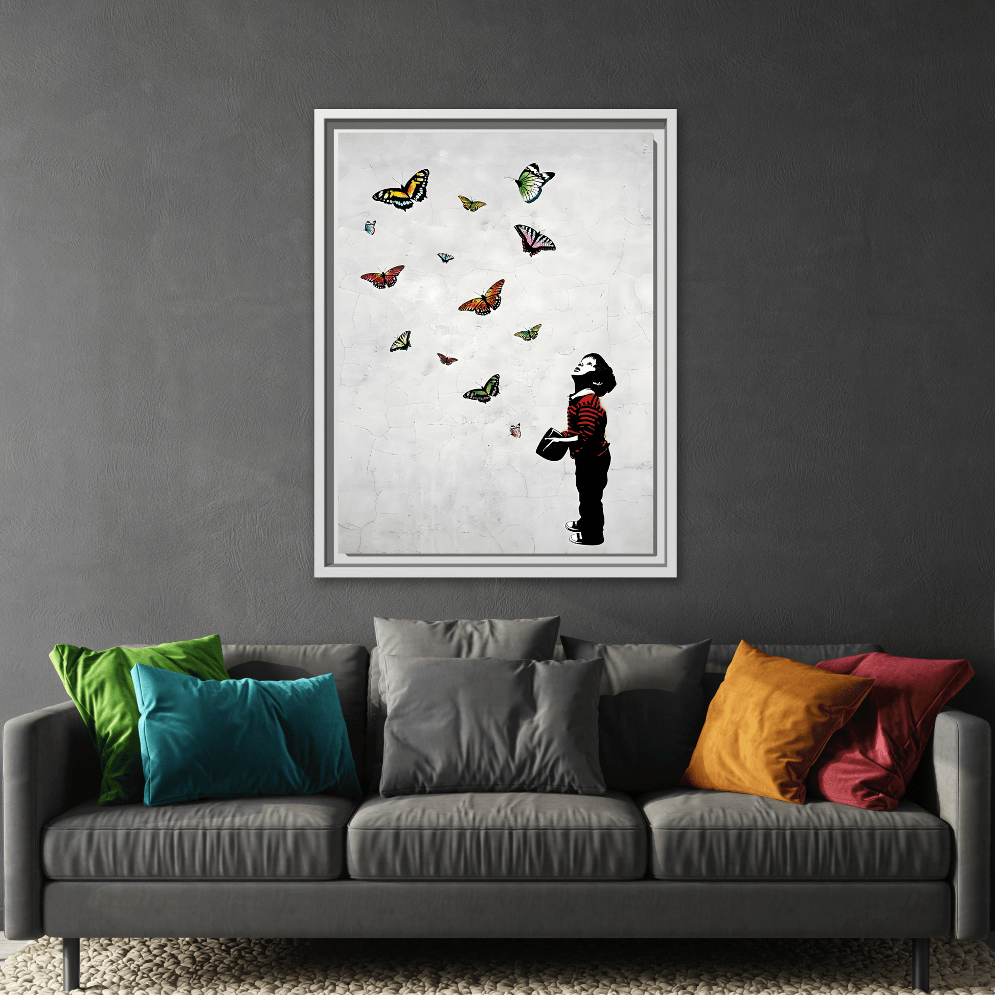 Butterfly Banksy Boy Canvas Vintage Framed Wall Art Prints