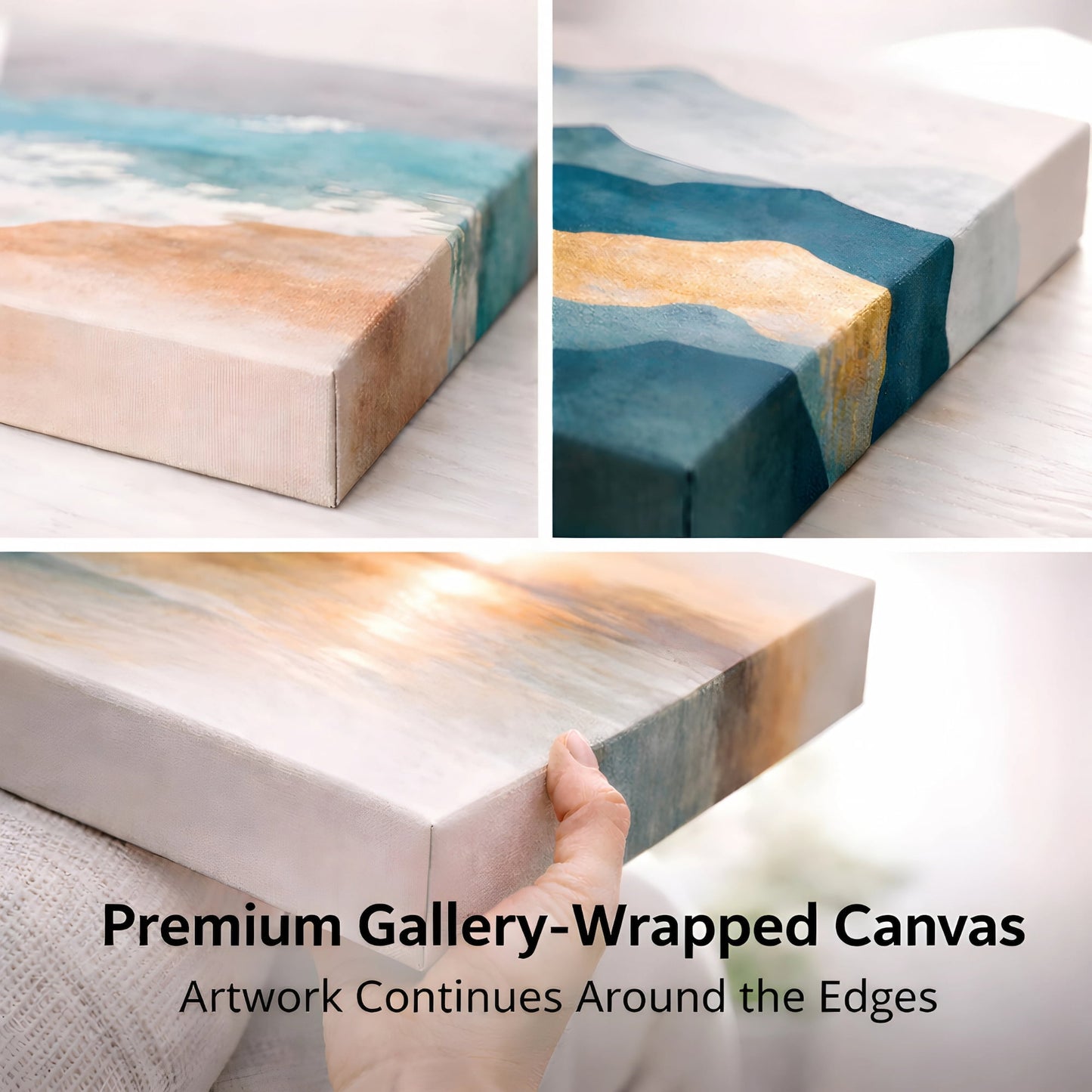Collage of premium gallery-wrapped canvas with artwork continuing around the edges.