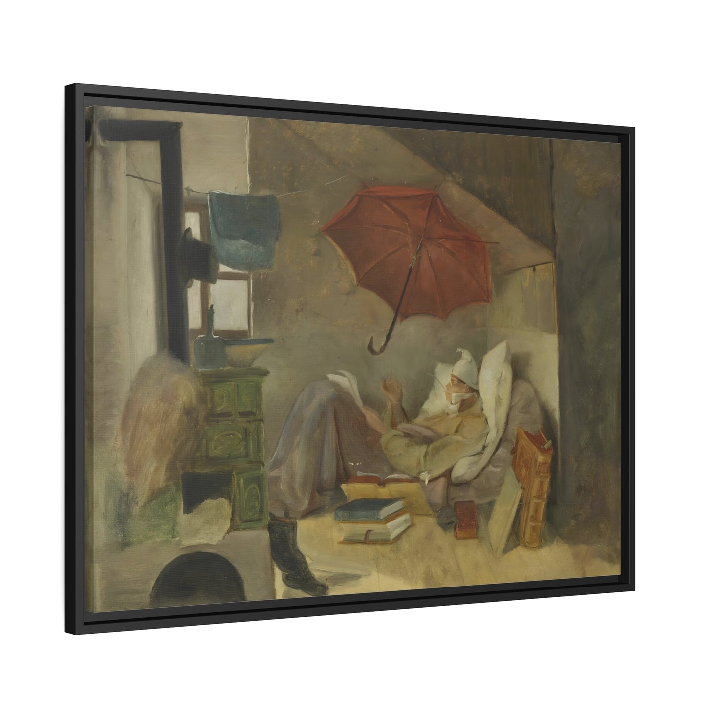 Carl Spitzweg Poor Poet - Framed Canvas Wall Art Reproduction in Pinewood Frame