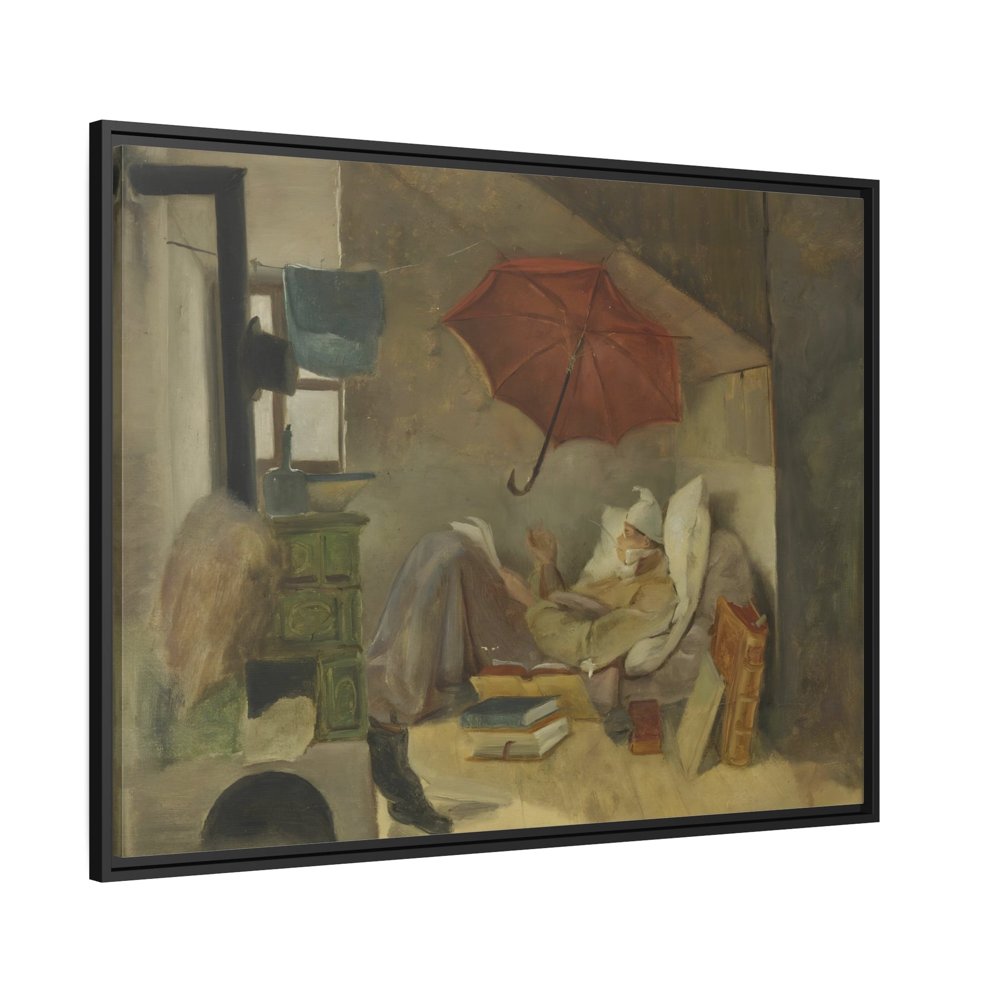 Carl Spitzweg Poor Poet - Framed Canvas Wall Art Reproduction in Pinewood Frame