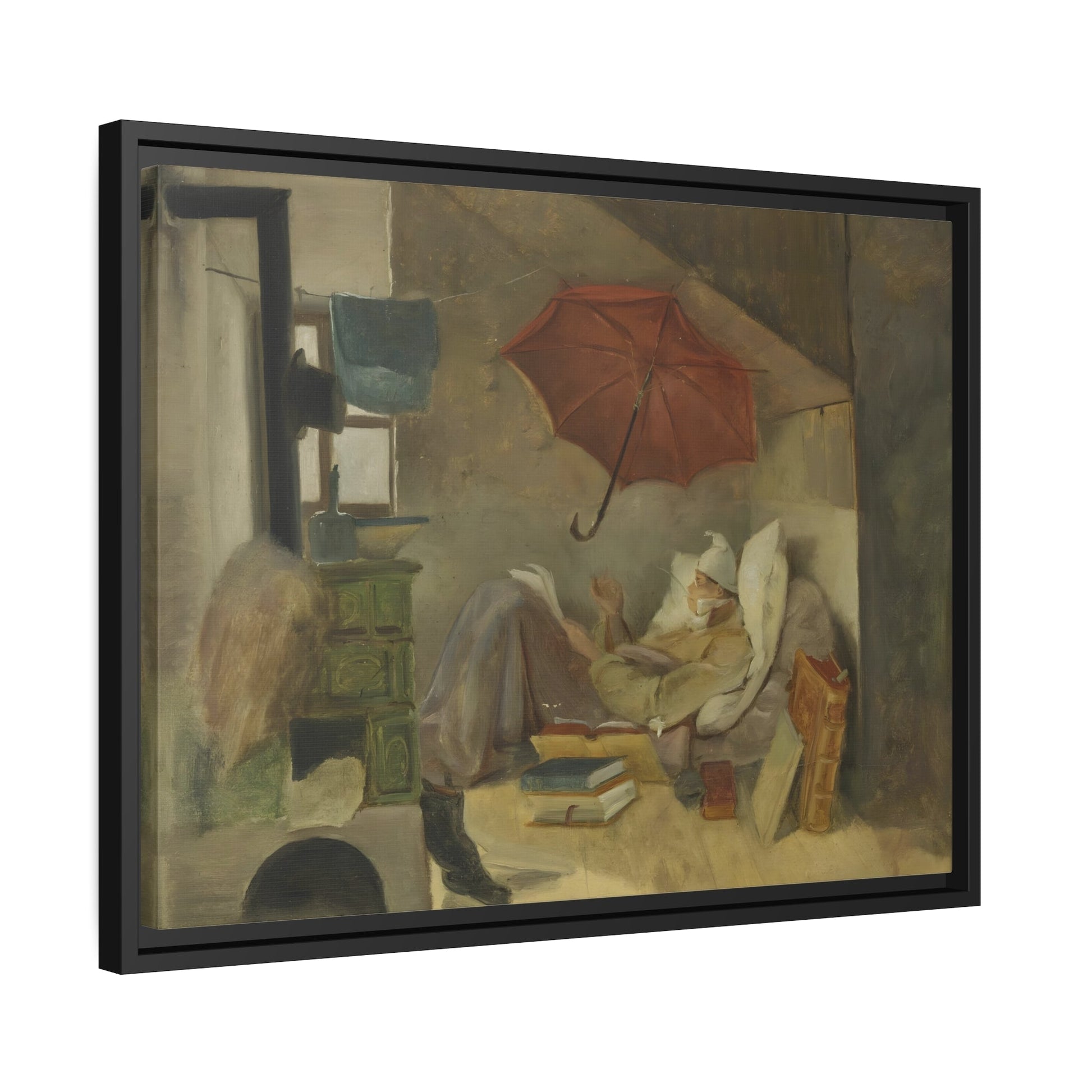 Carl Spitzweg Poor Poet - Framed Canvas Wall Art Reproduction in Pinewood Frame