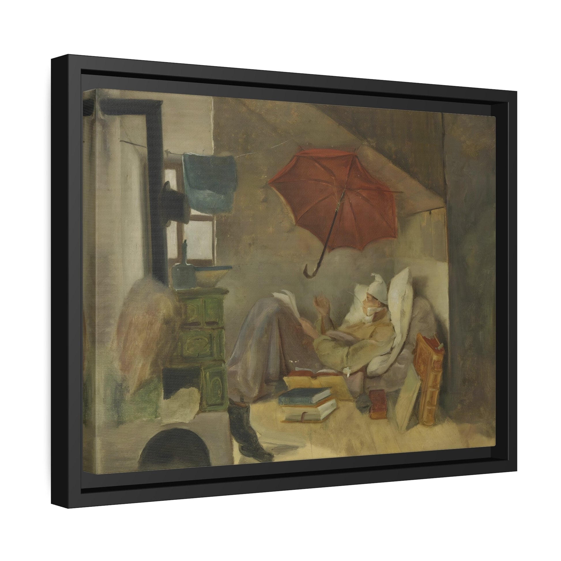 Carl Spitzweg Poor Poet - Framed Canvas Wall Art Reproduction in Pinewood Frame