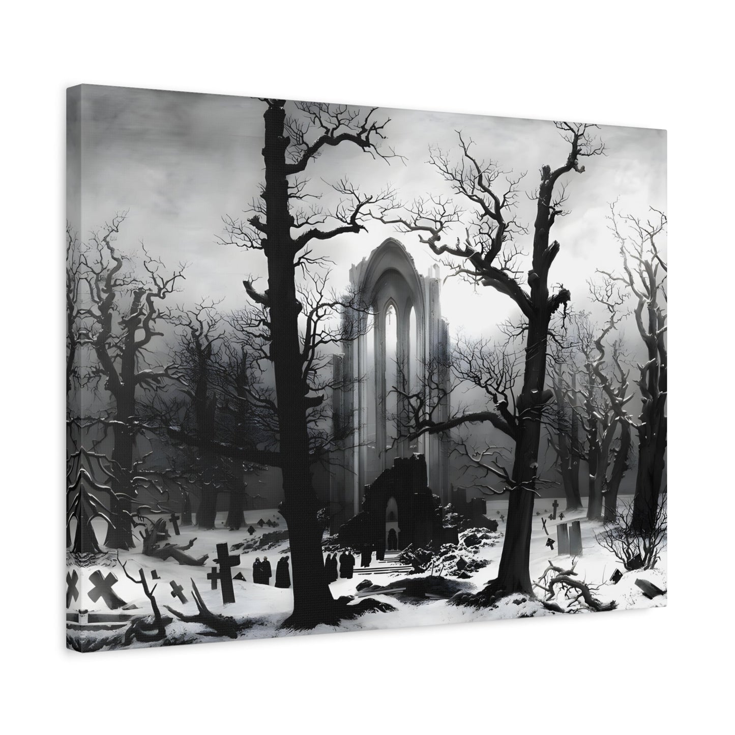 Caspar David Friedrich Monastery Graveyard in the Snow -Black White Landscape Canvas Wall Art Print