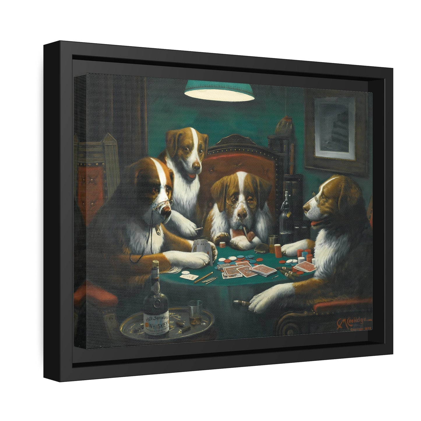 Cassius Marcellus Coolidge Dogs Playing Poker - Framed Canvas Wall Art Print in Black Frame