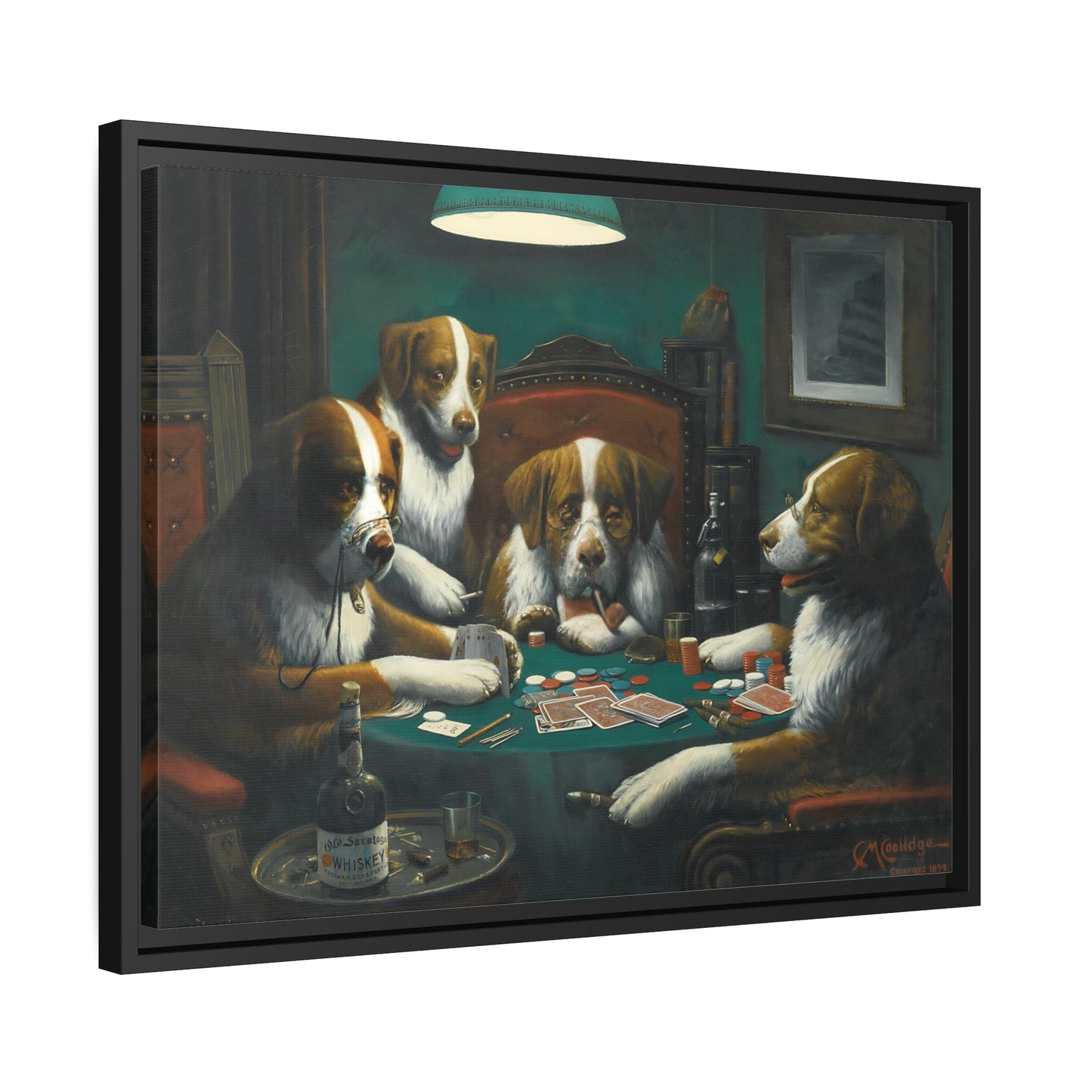 Cassius Marcellus Coolidge Dogs Playing Poker - Framed Canvas Wall Art Print in Black Frame