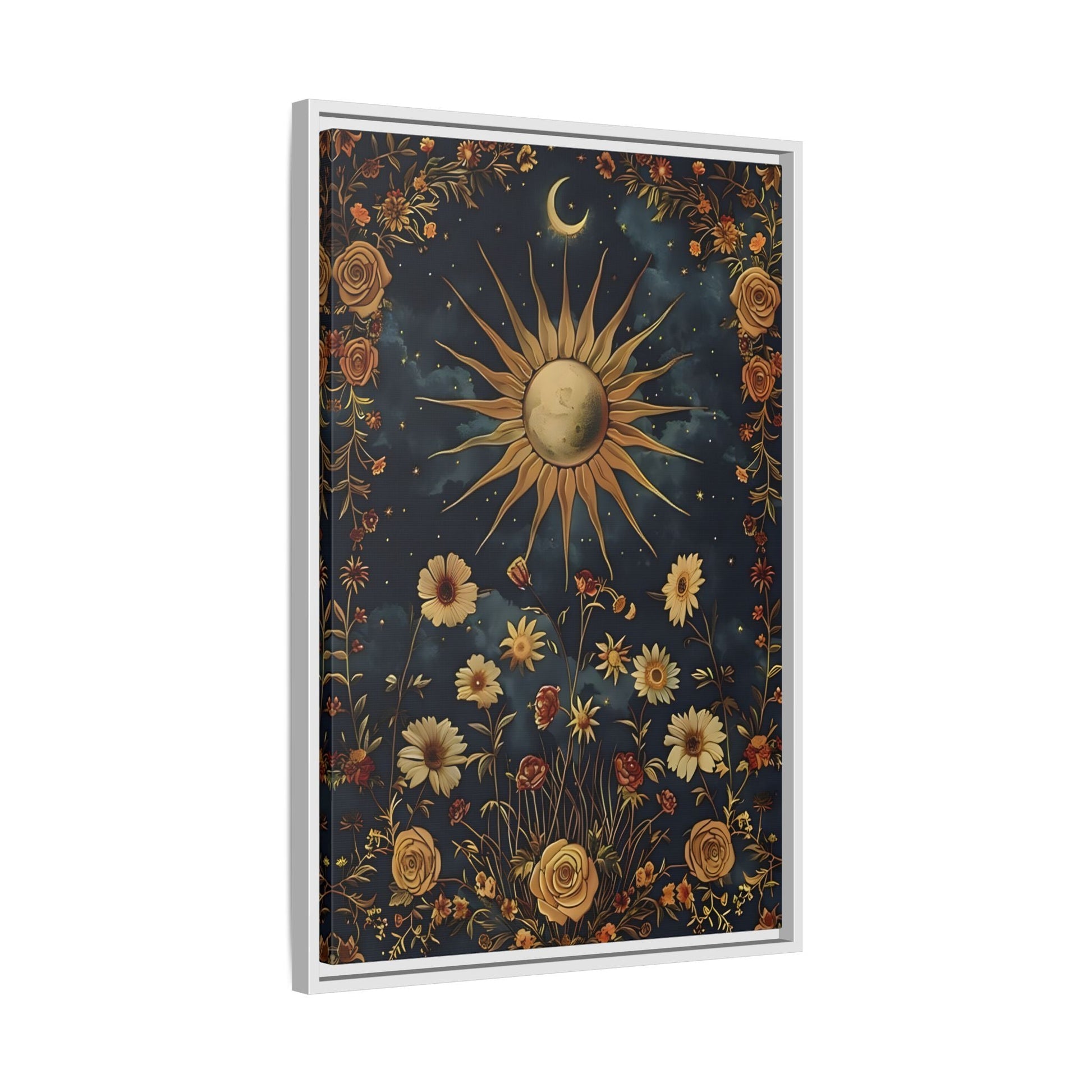 Celestial Floral Canvas Print, Mystical Astrology Boho Sun Moon Cosmic Wall Art