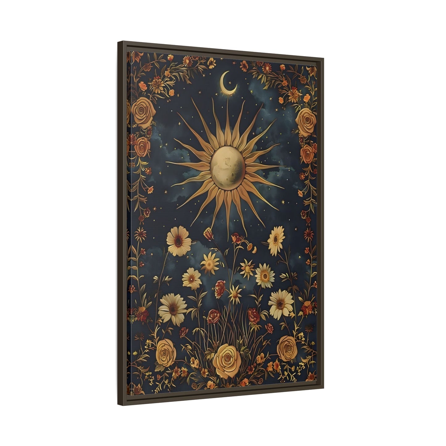 Celestial Floral Canvas Print, Mystical Astrology Boho Sun Moon Cosmic Wall Art