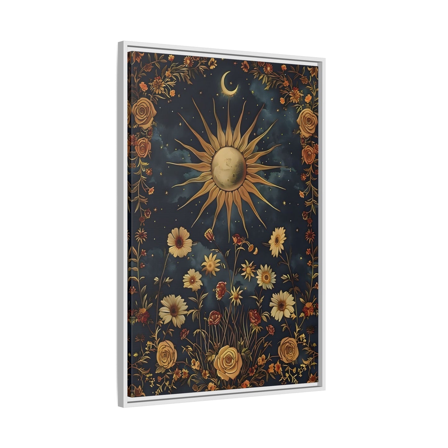 Celestial Floral Canvas Print, Mystical Astrology Boho Sun Moon Cosmic Wall Art