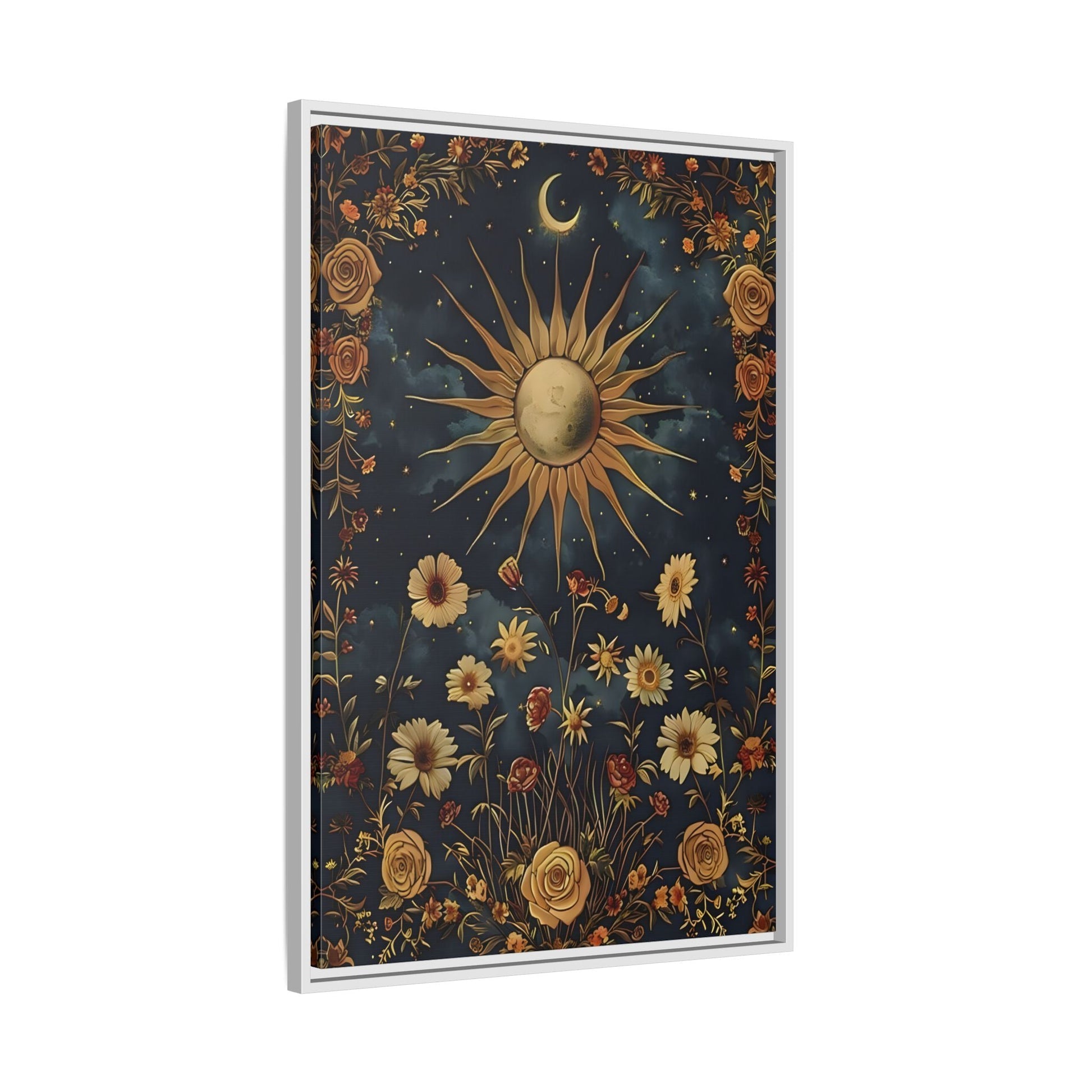 Celestial Floral Canvas Print, Mystical Astrology Boho Sun Moon Cosmic Wall Art