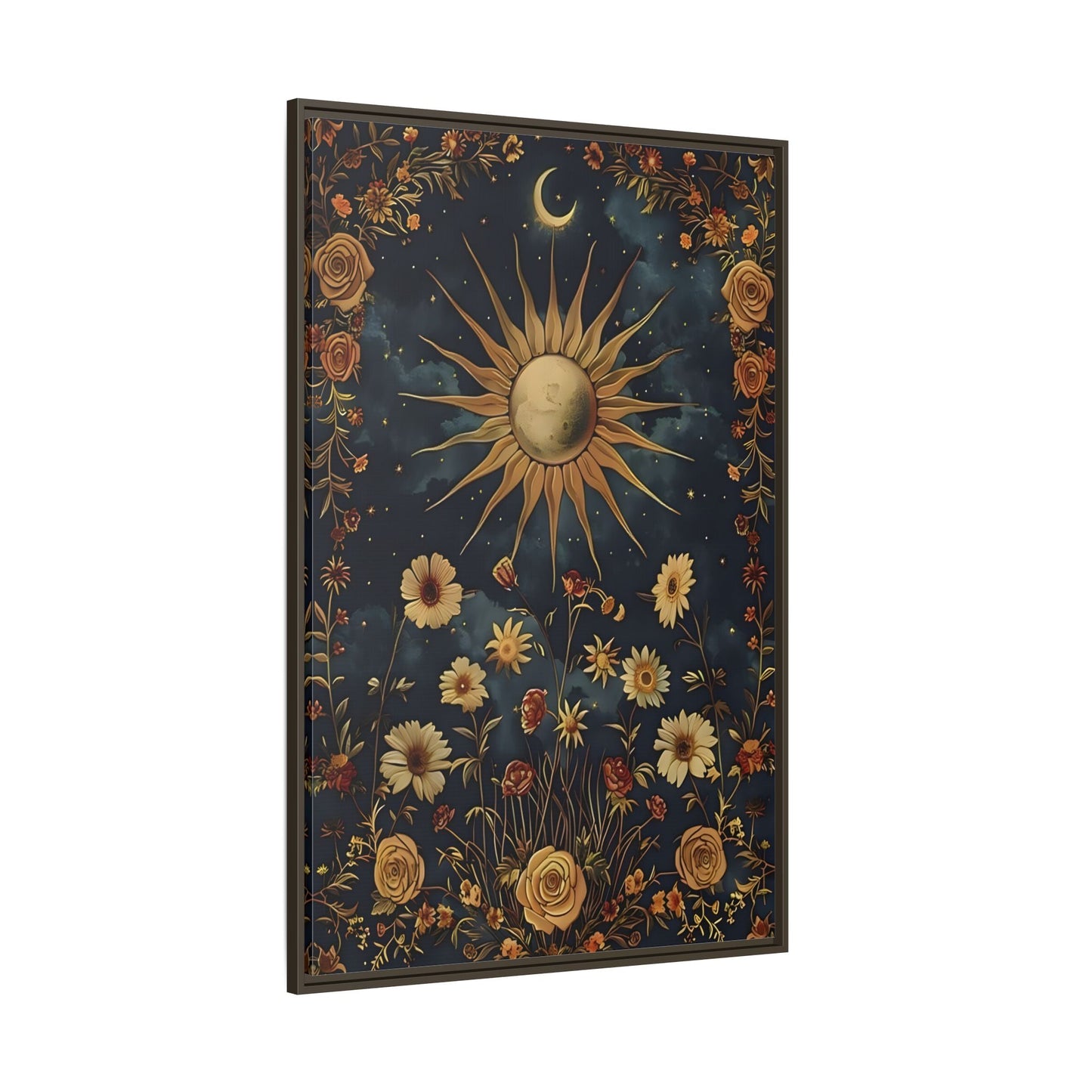 Celestial Floral Canvas Print, Mystical Astrology Boho Sun Moon Cosmic Wall Art