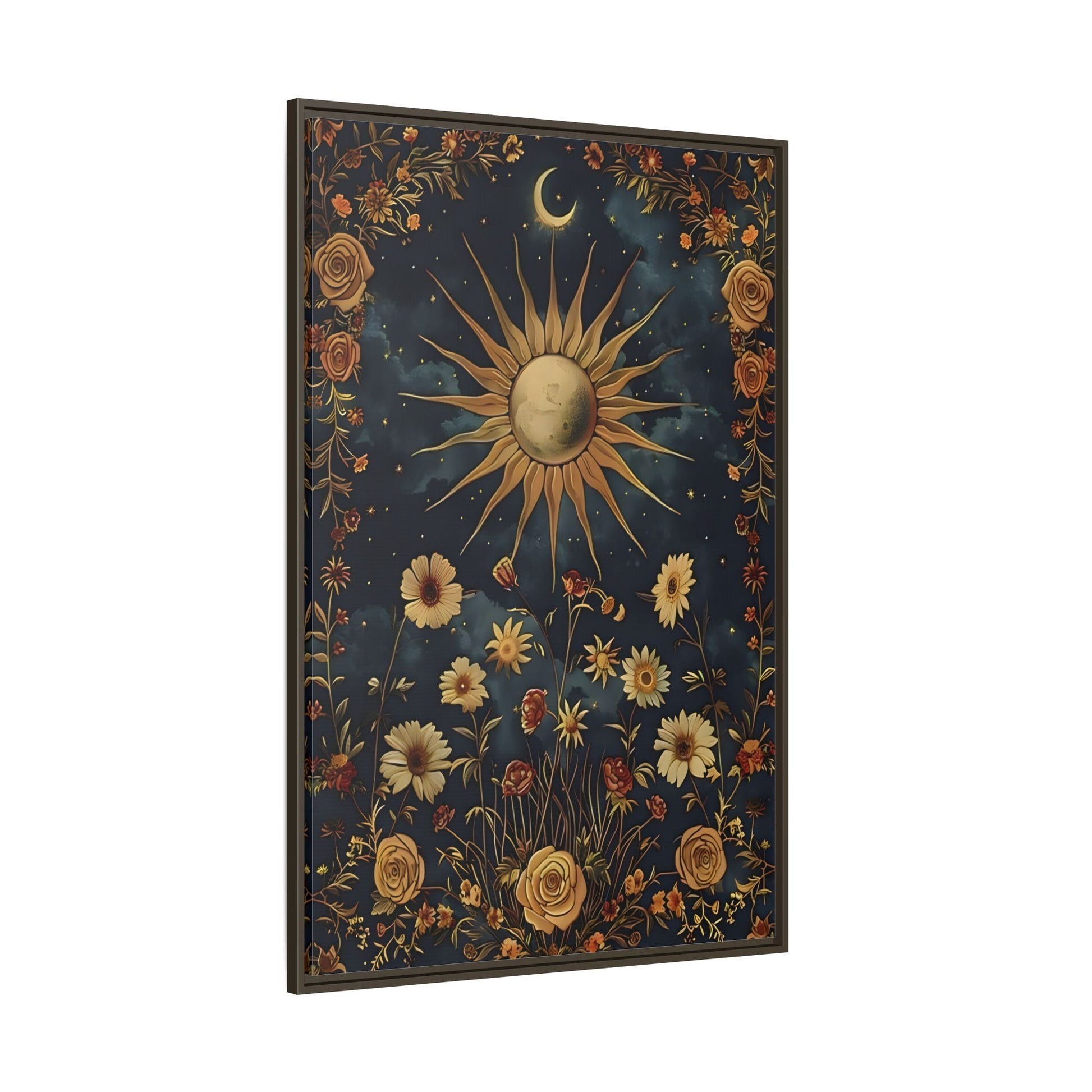 Celestial Floral Canvas Print, Mystical Astrology Boho Sun Moon Cosmic Wall Art