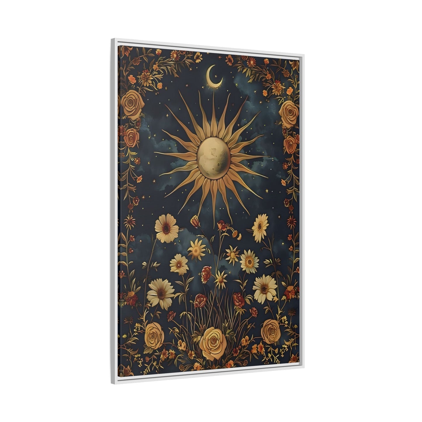 Celestial Floral Canvas Print, Mystical Astrology Boho Sun Moon Cosmic Wall Art