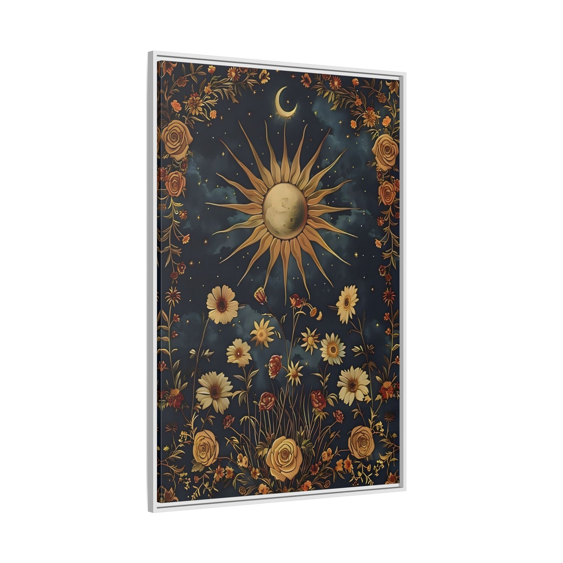 Celestial Floral Canvas Print, Mystical Astrology Boho Sun Moon Cosmic Wall Art