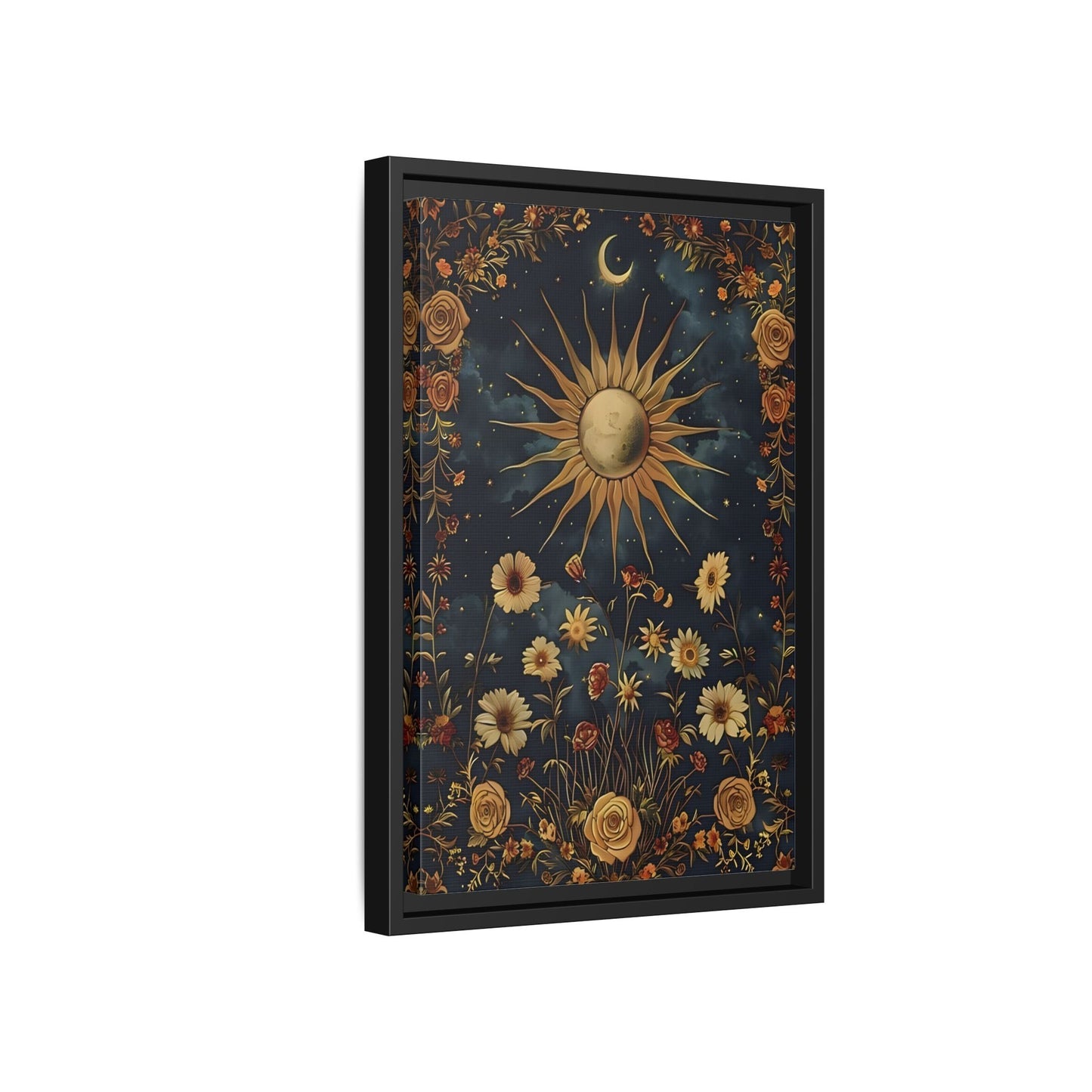 Celestial Floral Canvas Print, Mystical Astrology Boho Sun Moon Cosmic Wall Art