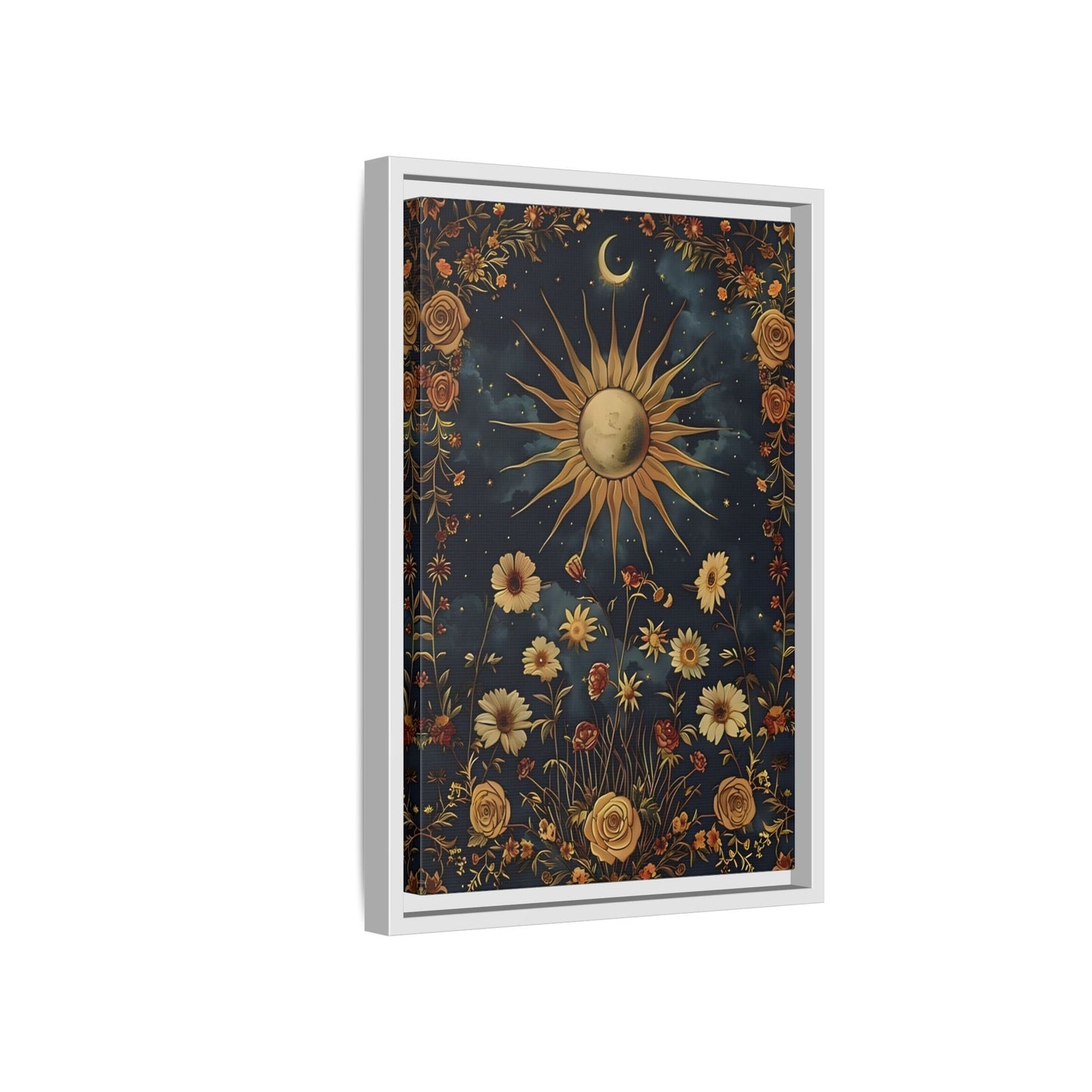 Celestial Floral Canvas Print, Mystical Astrology Boho Sun Moon Cosmic Wall Art