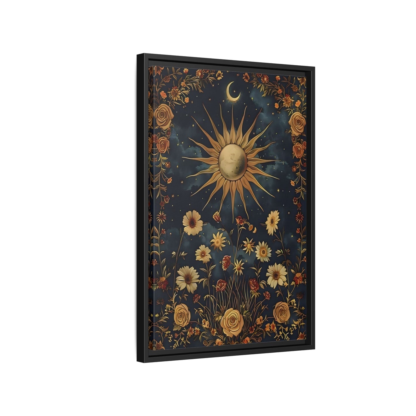 Celestial Floral Canvas Print, Mystical Astrology Boho Sun Moon Cosmic Wall Art