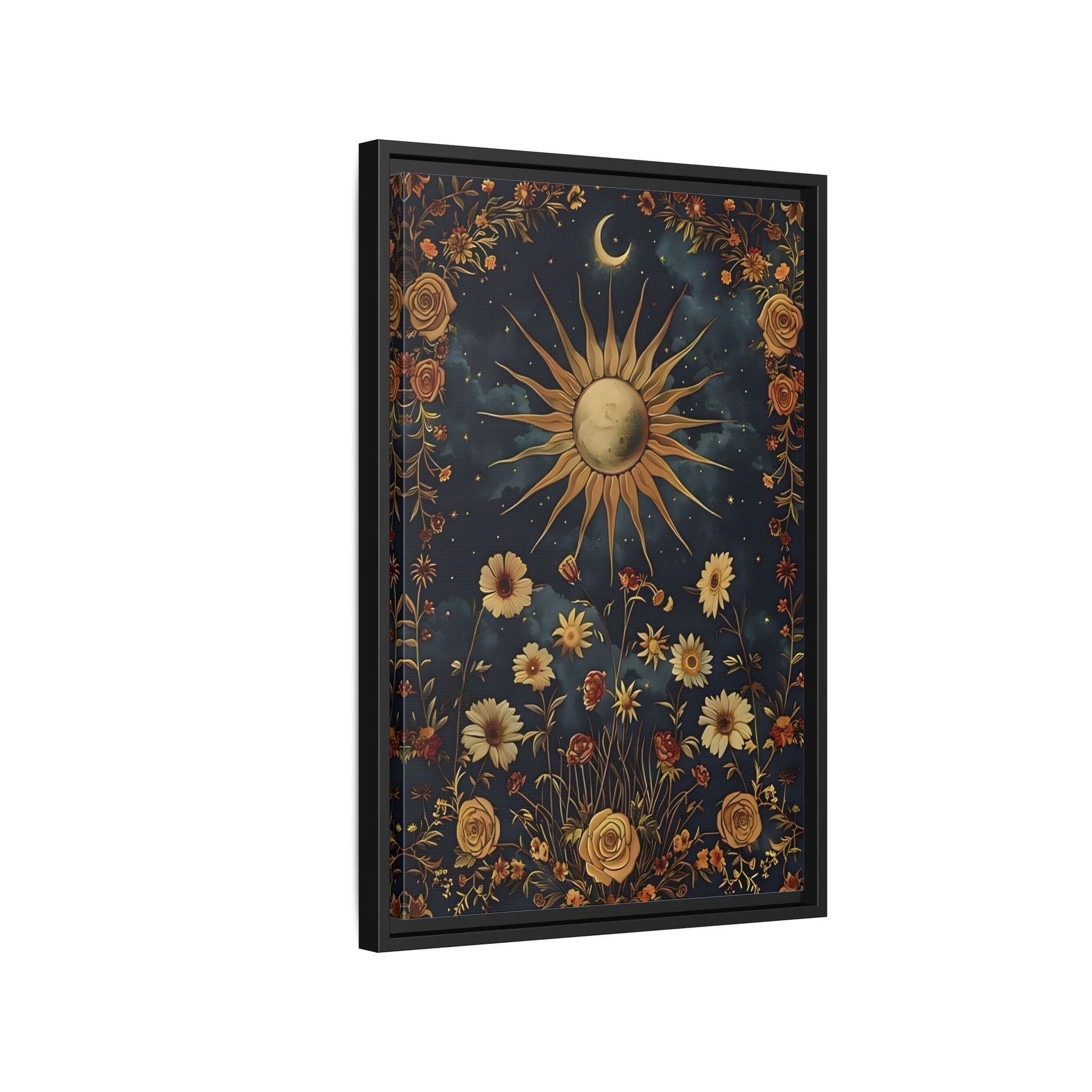 Celestial Floral Canvas Print, Mystical Astrology Boho Sun Moon Cosmic Wall Art