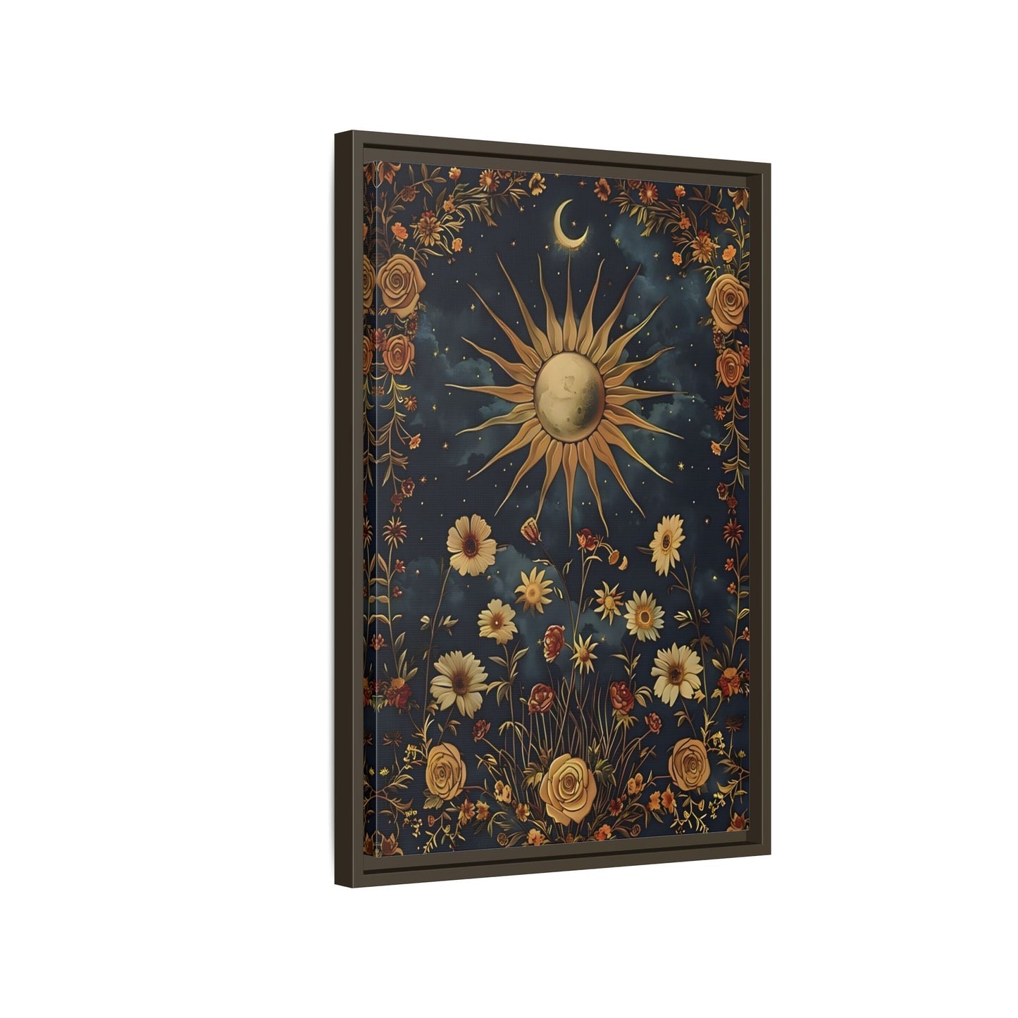 Celestial Floral Canvas Print, Mystical Astrology Boho Sun Moon Cosmic Wall Art