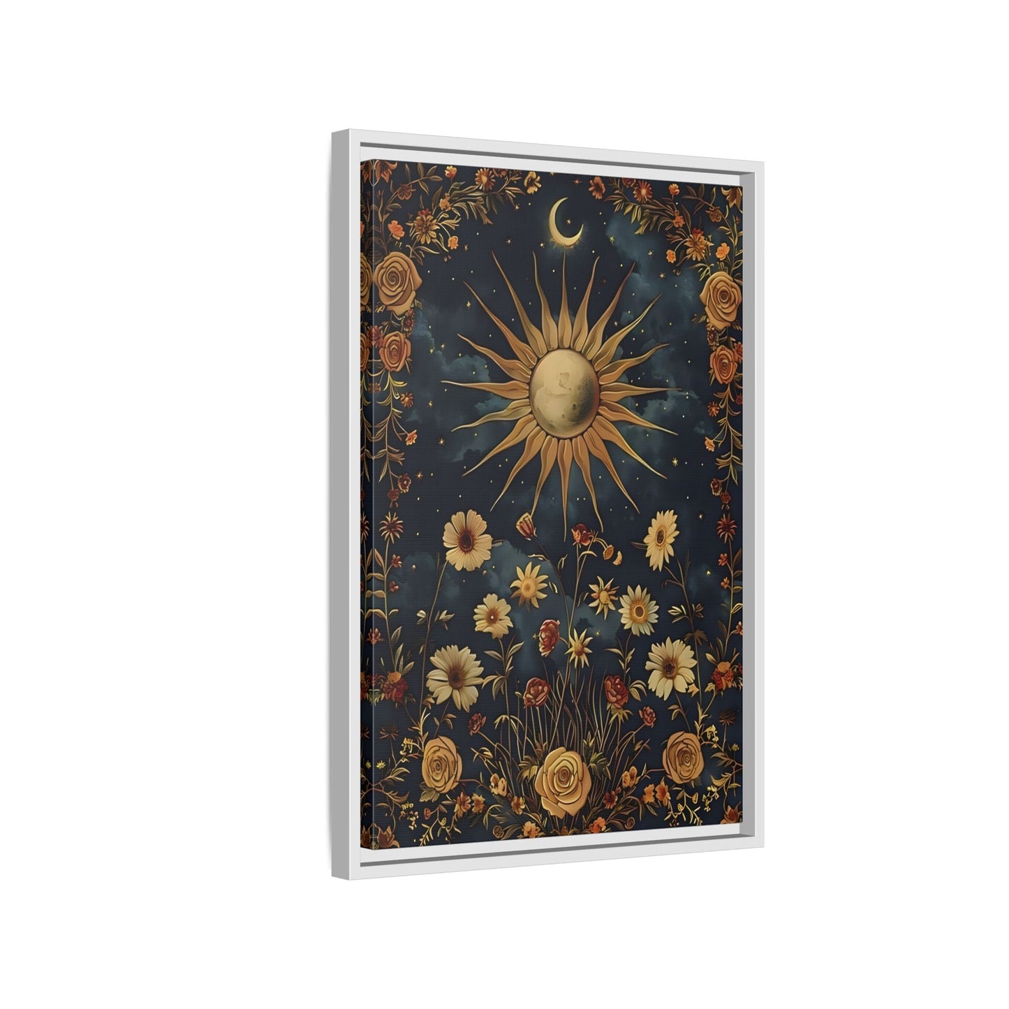 Celestial Floral Canvas Print, Mystical Astrology Boho Sun Moon Cosmic Wall Art