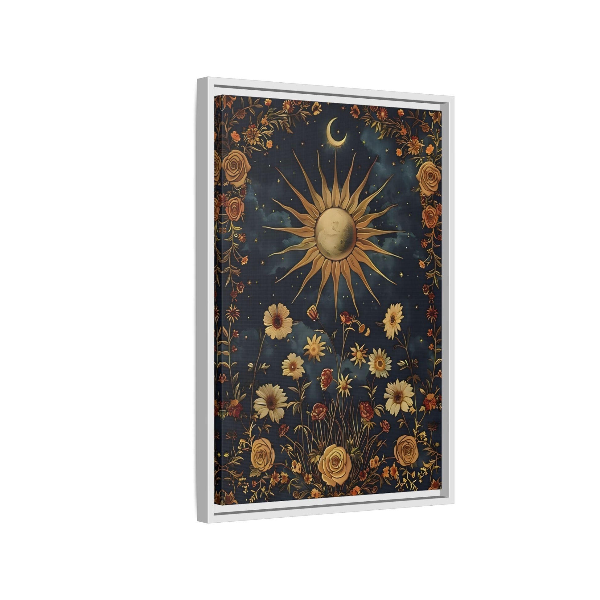 Celestial Floral Canvas Print, Mystical Astrology Boho Sun Moon Cosmic Wall Art