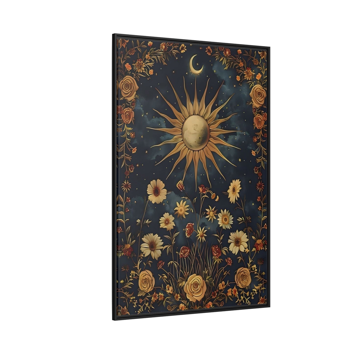 Celestial Floral Canvas Print, Mystical Astrology Boho Sun Moon Cosmic Wall Art