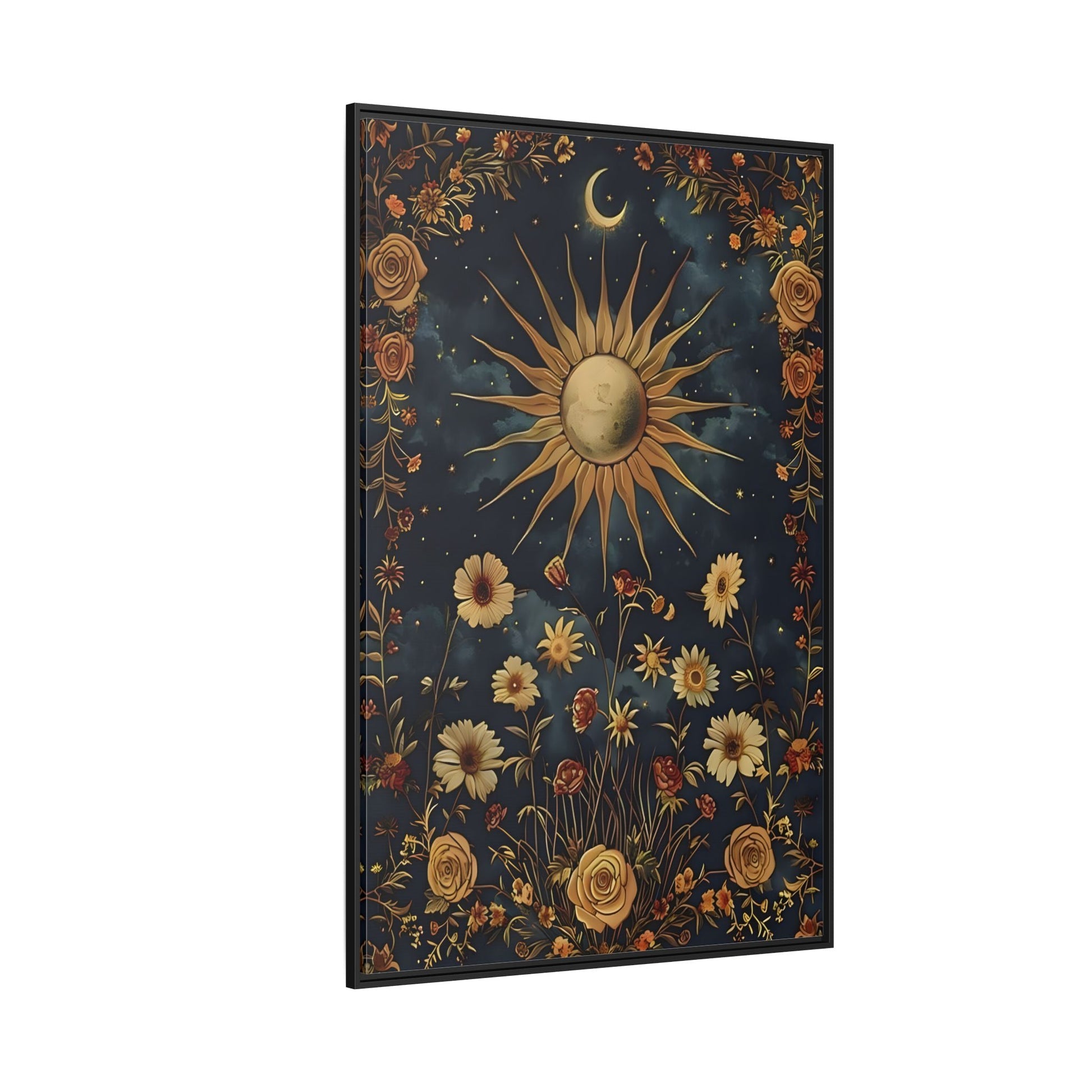 Celestial Floral Canvas Print, Mystical Astrology Boho Sun Moon Cosmic Wall Art