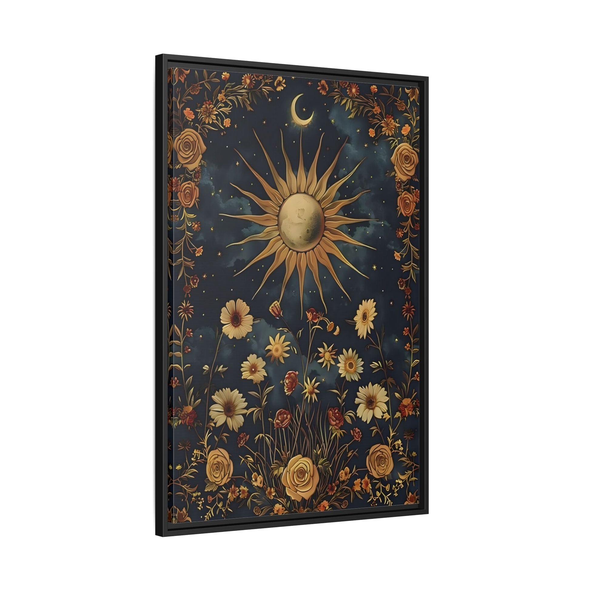 Celestial Floral Canvas Print, Mystical Astrology Boho Sun Moon Cosmic Wall Art