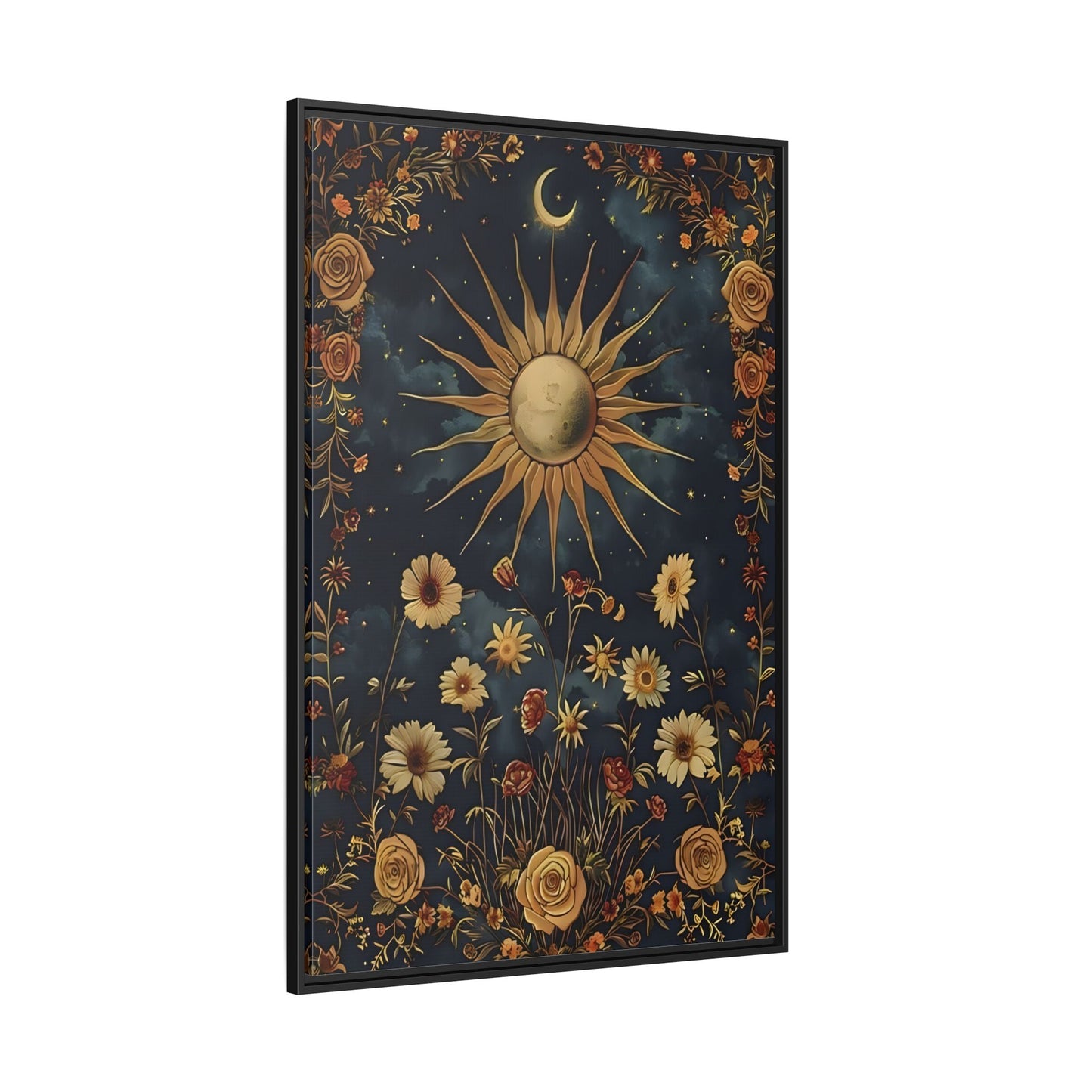Celestial Floral Canvas Print, Mystical Astrology Boho Sun Moon Cosmic Wall Art