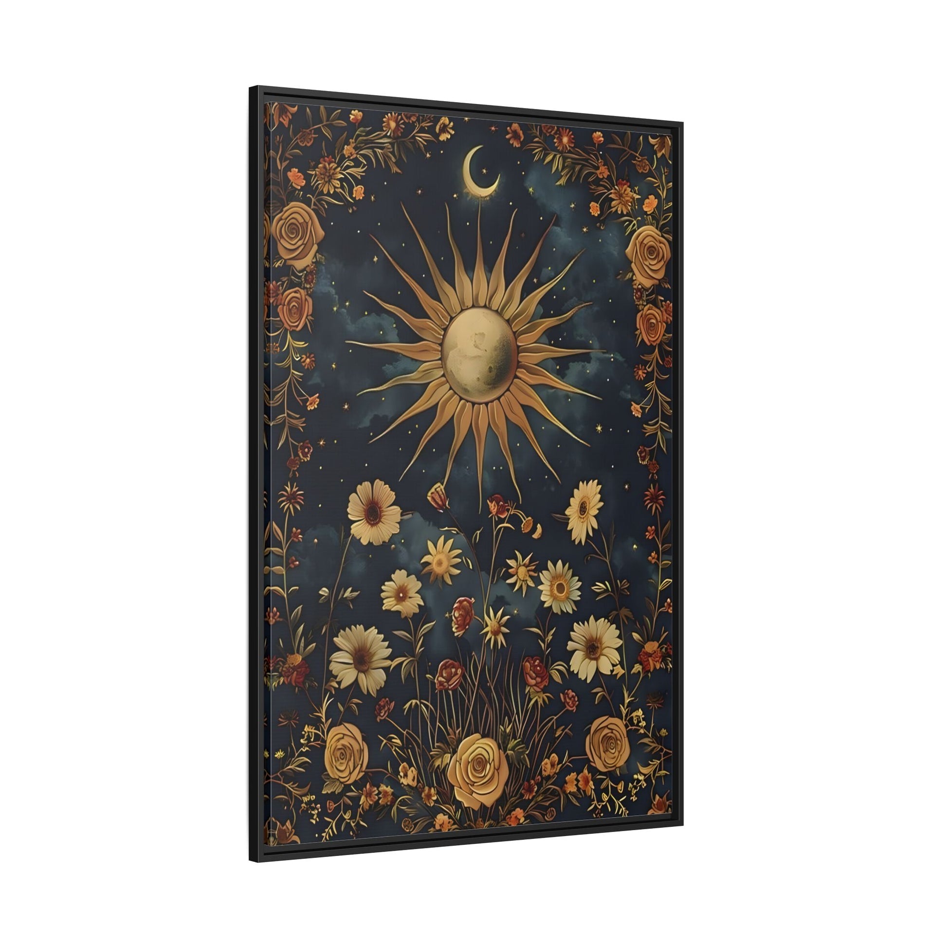 Celestial Floral Canvas Print, Mystical Astrology Boho Sun Moon Cosmic Wall Art