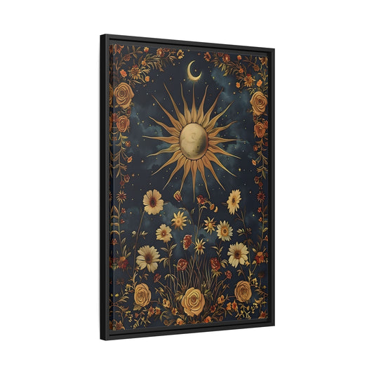Celestial Floral Canvas Print, Mystical Astrology Boho Sun Moon Cosmic Wall Art