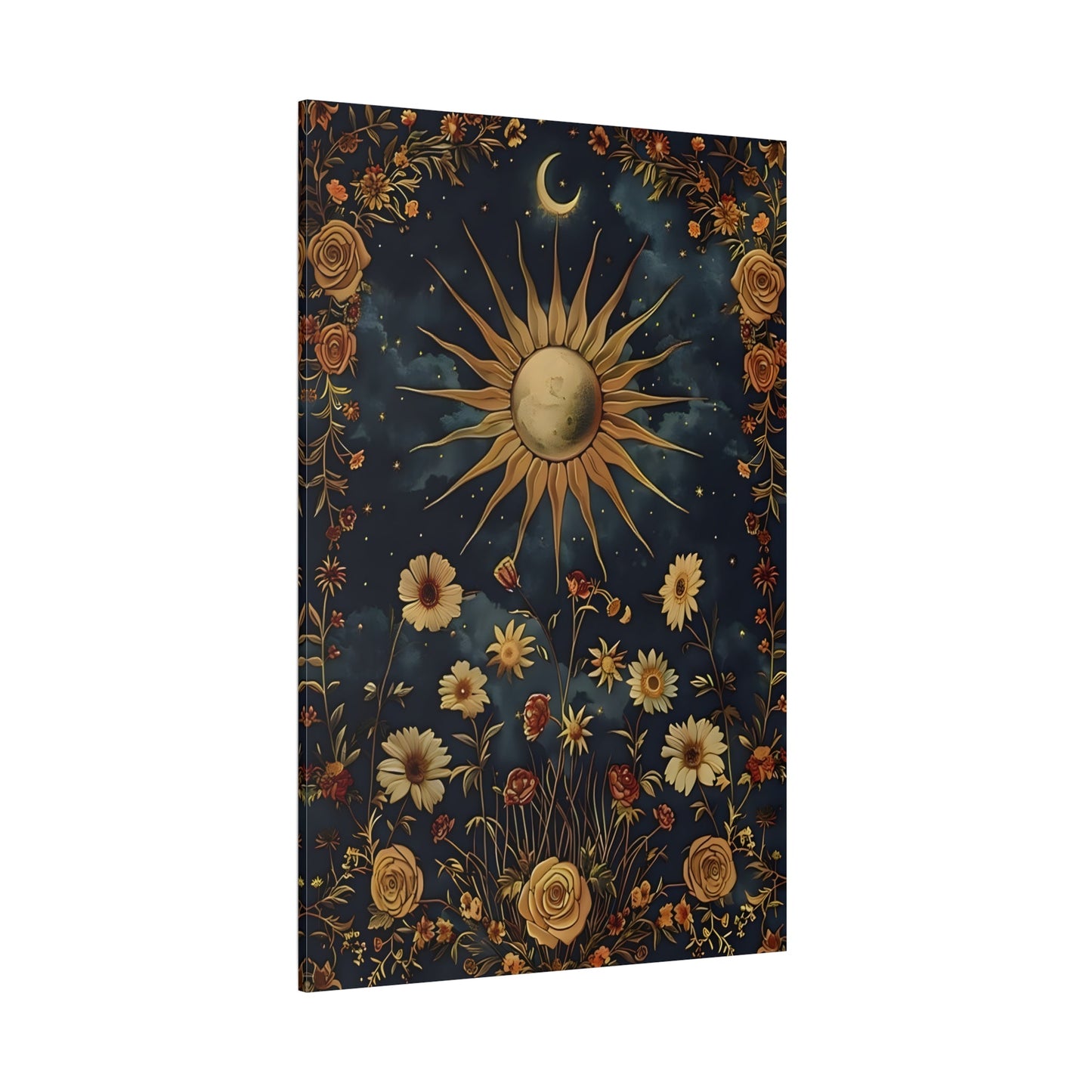 Celestial Floral Canvas Print, Sun Moon Stars Cosmic Mystical Boho Wall Art